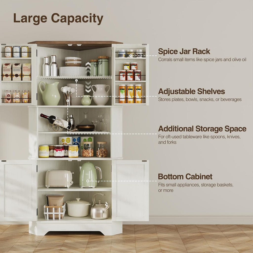 Befrases Corner Cabinet, 67''H Kitchen Pantry Storage Cabinet, 6-Tier Corner Food Pantry Hutch with 4 Barn Doors and Shelves, Tall Farmhouse Furniture for Kitchen Dining Living Room, White