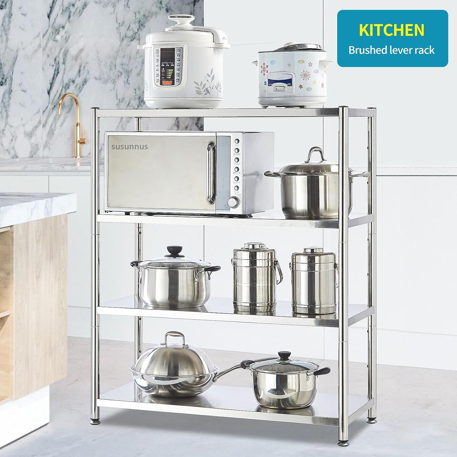 susunnus 4-Tier Stainless Steel Shelf, Heavy Duty Shelving for Kitchen, Garage, Industrial Storage, Kitchen Shelves Adjustable Feet, Easy to Clean(35.8in*15,8in Without Guardrails)