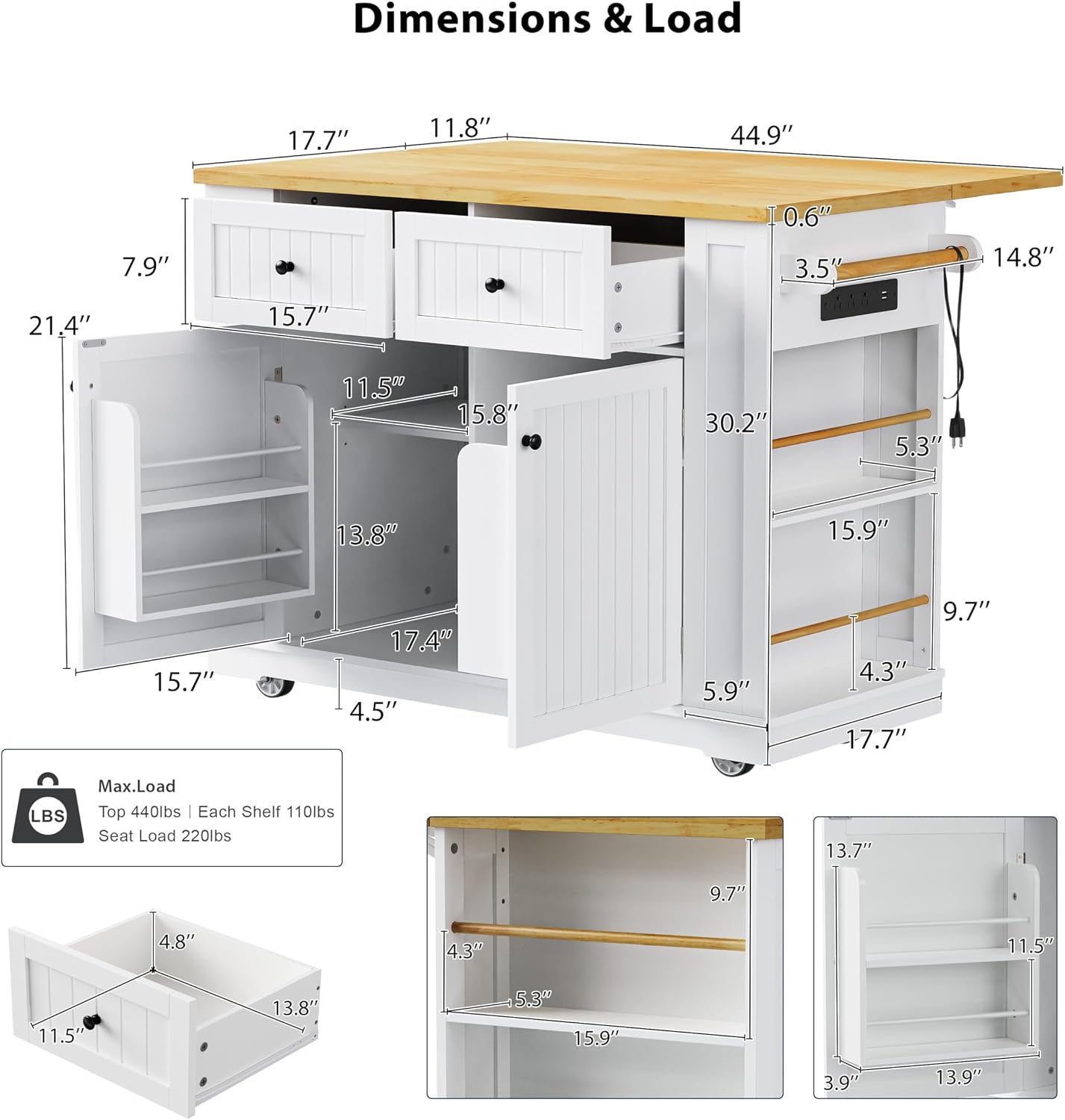 48 Inch Rolling Kitchen Island Storage Cart on 5 Wheels with Drop Leaf, Power Outlet, Door Internal Storage Rack, 5 Open Side Racks, 2 Drawers for Dining Room, Home Bar, White