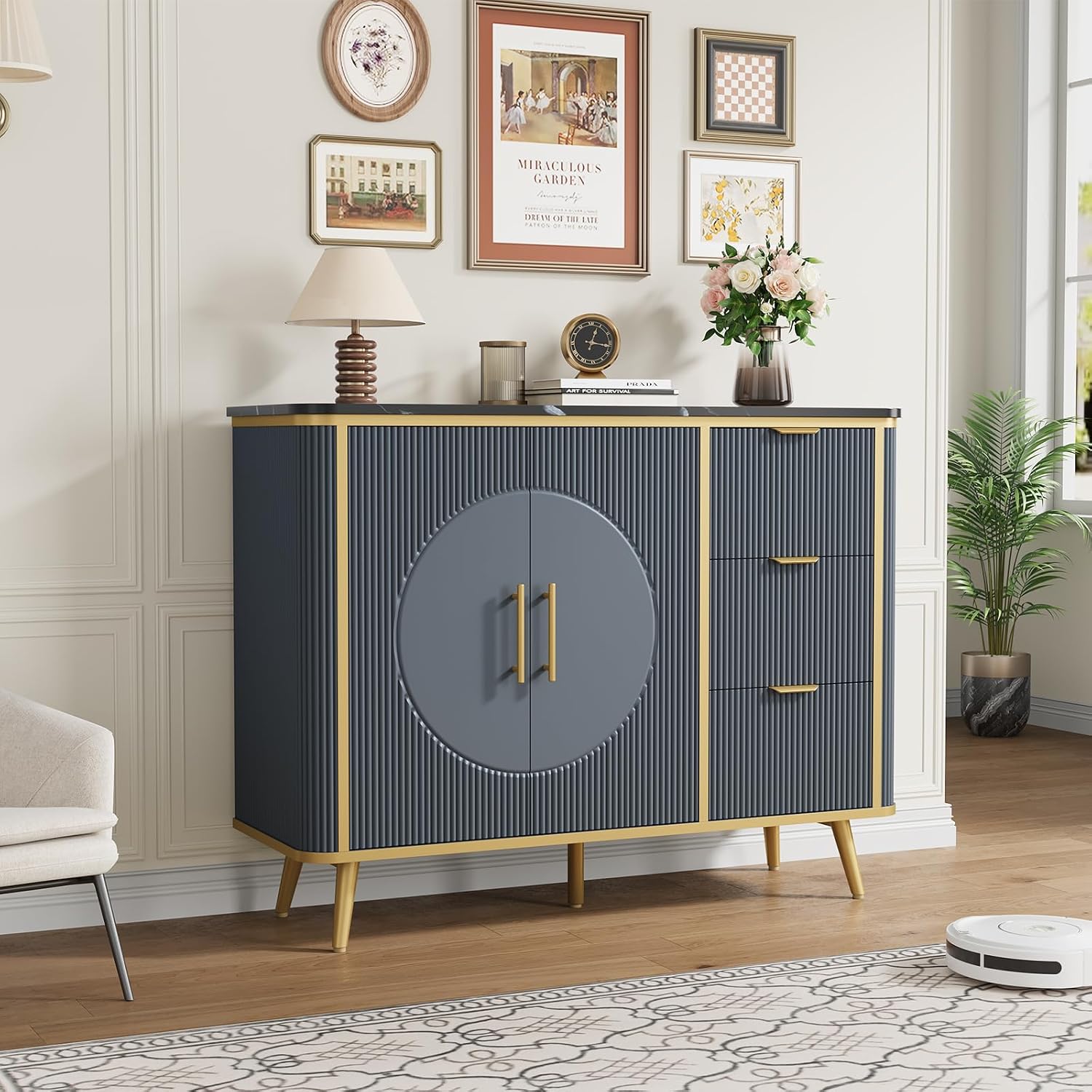 47.3' Modern Buffet Cabinet with Storage, Kitchen Sideboard Buffet with 2 Door & 3 Drawers, Fluted Caffee Bar Storage Cabinet for Dining Room, Living Room, Entryway, Navy Blue