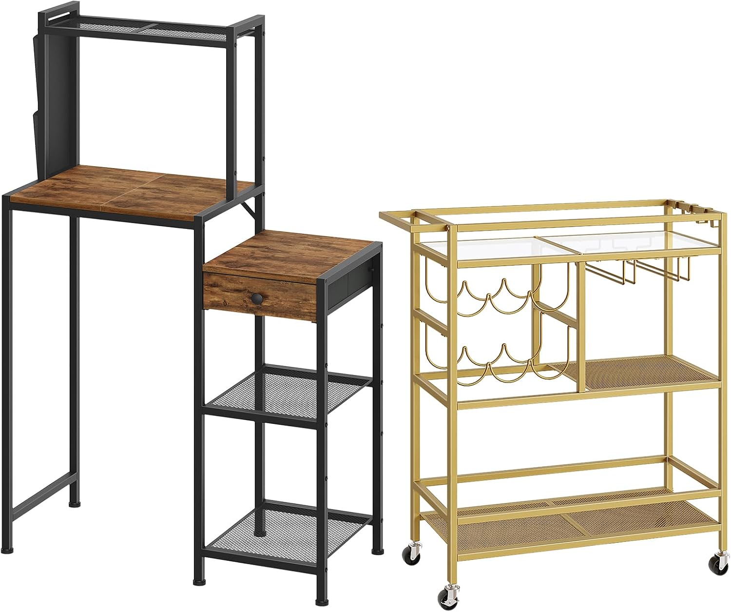 MAHANCRIS Bar Cart for Home and Fridge Stand Bundle, Bakers Rack with Refrigerator, Microwave Stand with Storage, Coffee Bar Station with 1 Drawer, Storage Shelf for Kitchen, RCJ61B01-RSHR5401