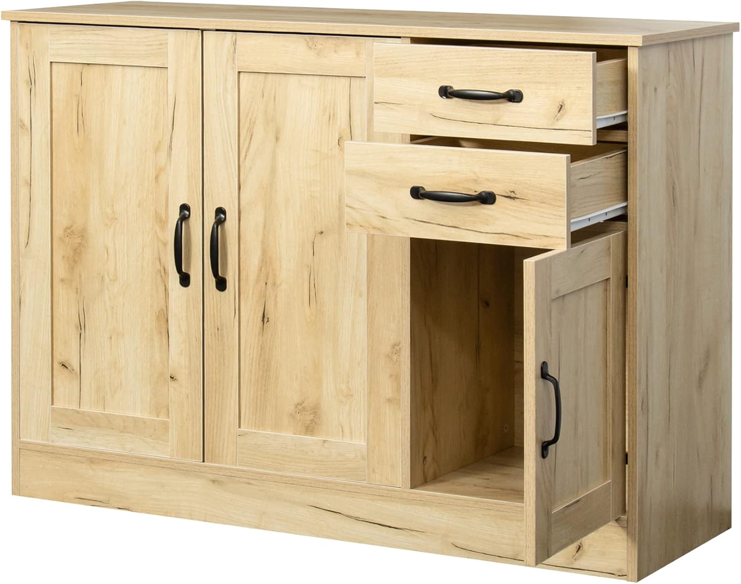 43' Modern Wood Freestanding Storage Cabinet, Kitchen Storage Bakers Rack with Easy Cleaning, Utility Food Cupboard with 2 Drawers for Dining Room, Oak