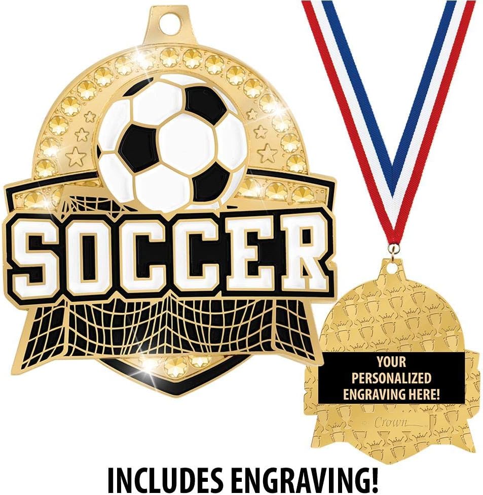 Crown Awards 2 1/4' Royal Soccer Medals, Shiny Gold Soccer Medals with Free Engraving