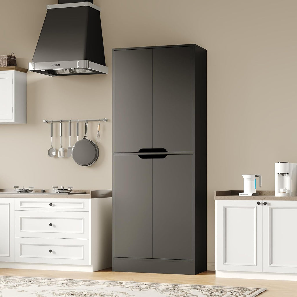Housoul 71' Tall Freestanding Kitchen Pantry Cabinet, 4 Doors Freestanding Cupboard with Adjustable Shelves, Kitchen Hutch Cabinet for Kitchen, Dining Room, Black