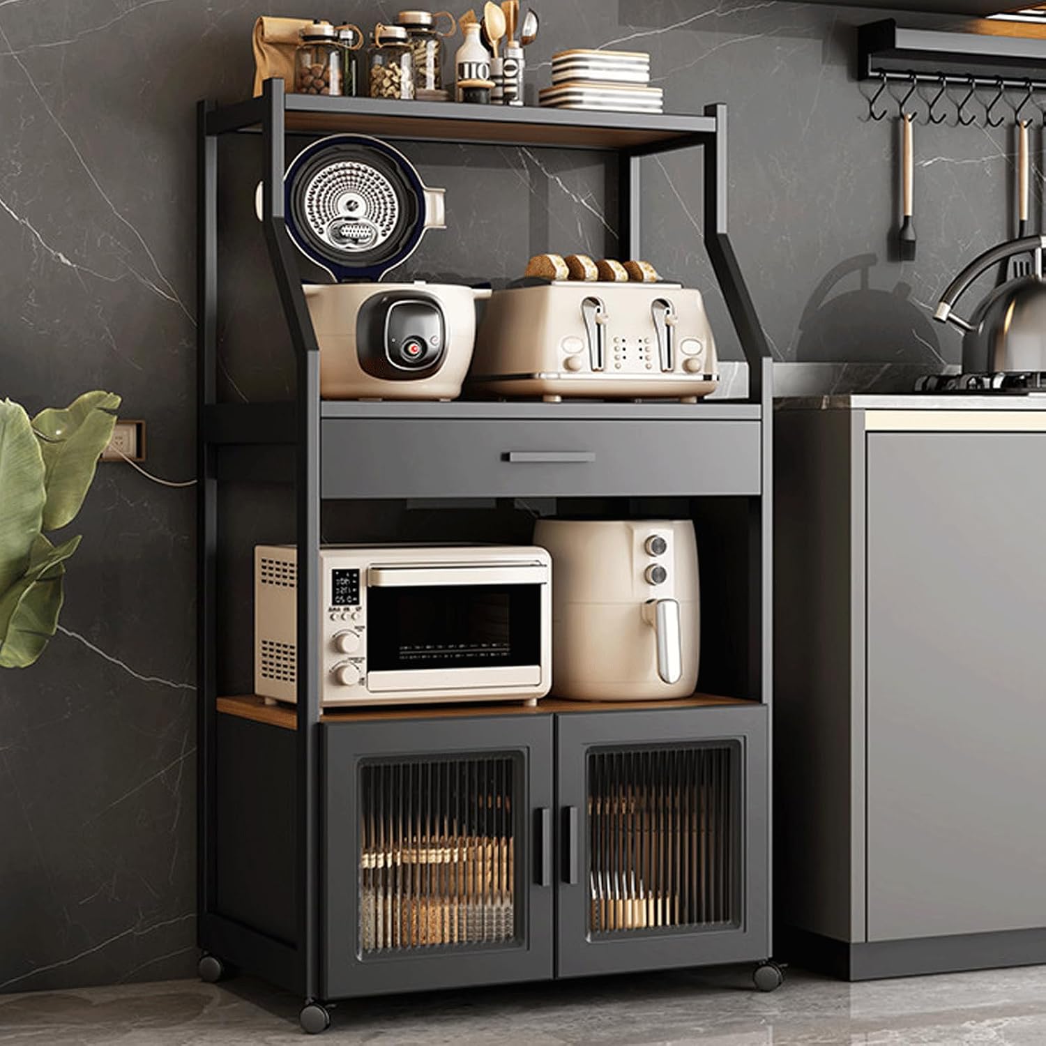 4 Tier Microwave Stand with Storage Matte Black Storage Rack Kitchen Pantry Glass Cabinet Doors Bakers Rack for cafes Living Room Office-A