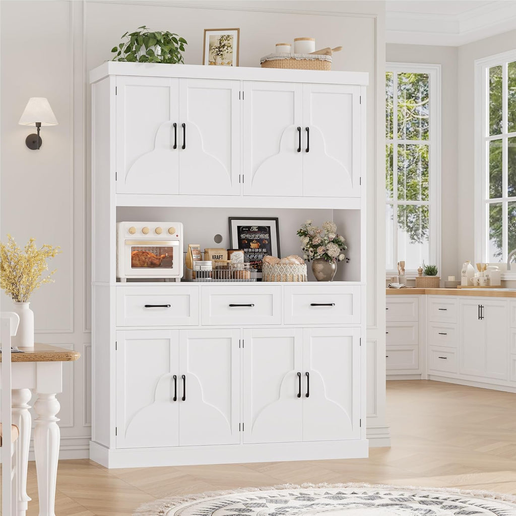 HITHOS 76' Tall Kitchen Pantry Storage Cabinet, 55' Wide Kitchen Hutch Cabinet with Storage Drawers, Large Food Pantry with Microwave Stand, Modern Cupboard with Hutch for Dining Living Room, White