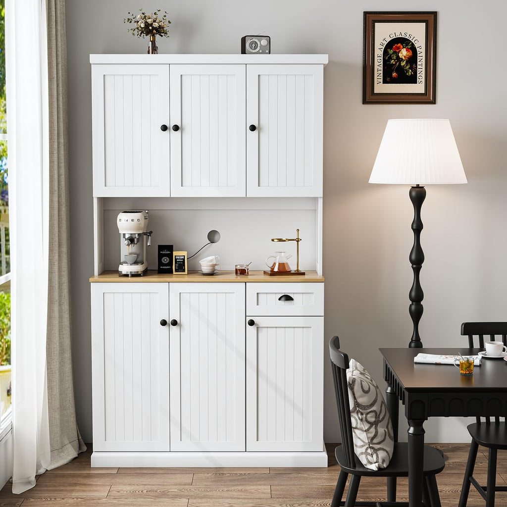 RASOO Buffet Hutch Cabinet Kitchen Sideboard Pantry Cabinet Wood Kitchenware Server Kitchen Storage Microwave Cabinet with 3 Doors Upstairs and 3 Doors downstairs and 1 Drawer, White (R0086)