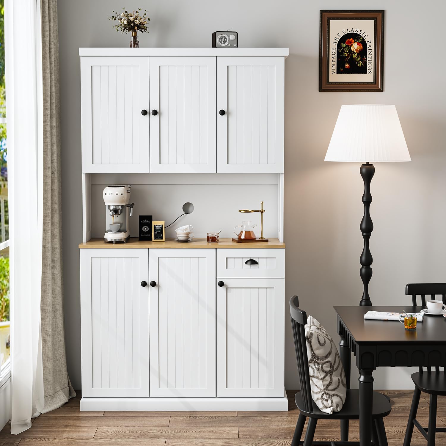 RASOO Buffet Hutch Cabinet Kitchen Sideboard Pantry Cabinet Wood Kitchenware Server Kitchen Storage Microwave Cabinet with 3 Doors Upstairs and 3 Doors downstairs and 1 Drawer, White (R0086)