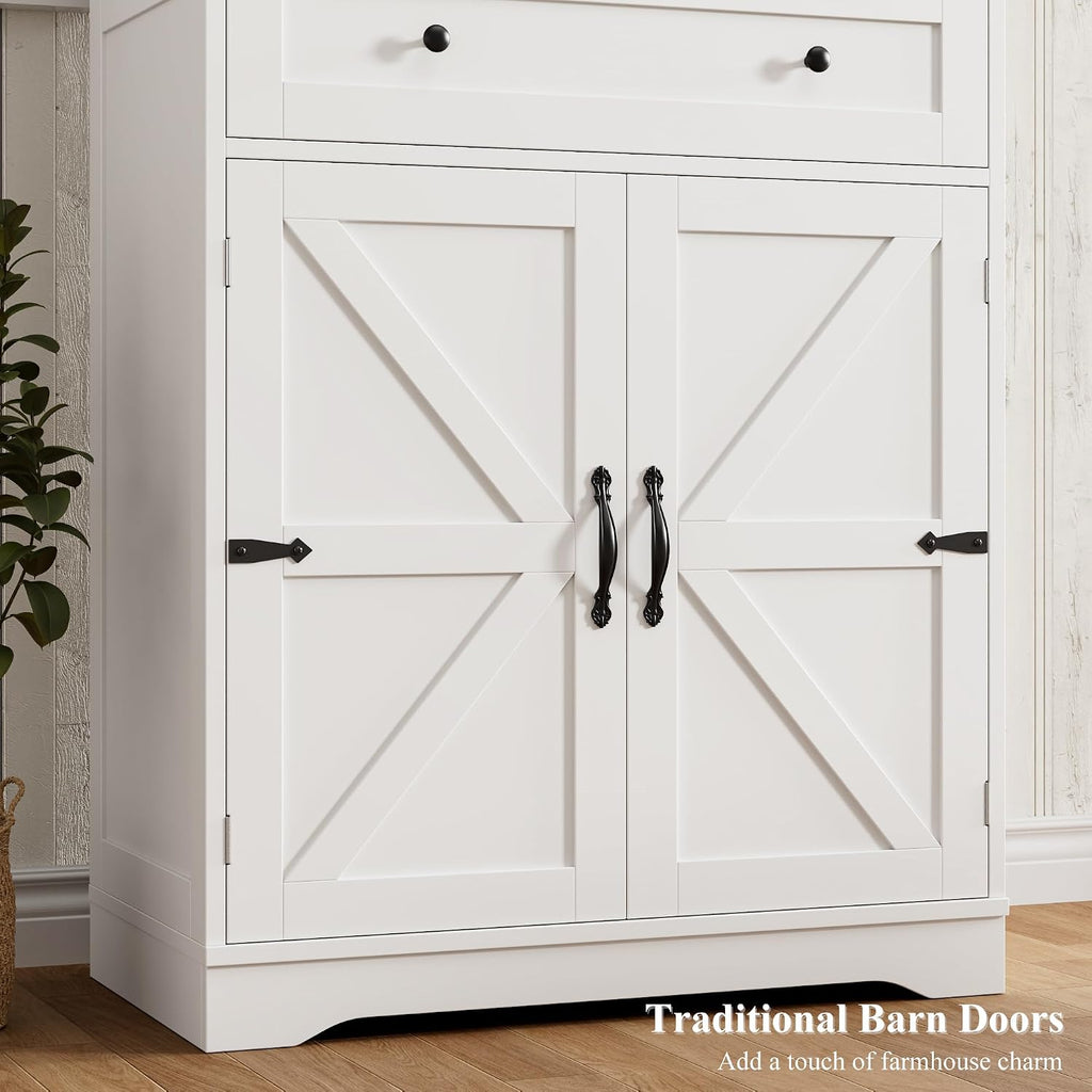 HOSTACK 71' Tall Pantry Cabinet, Farmhouse Kitchen Pantry with Storage Shelves, Barn Doors Food Storage Cabinet, Freestanding Kitchen Hutch with Large Drawer for Living Room, White + Rustic Brown