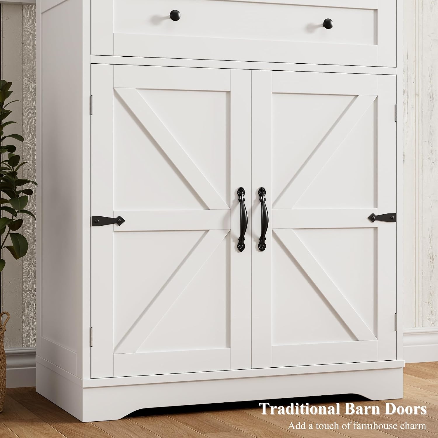 HOSTACK 71' Tall Pantry Cabinet, Farmhouse Kitchen Pantry with Storage Shelves, Barn Doors Food Storage Cabinet, Freestanding Kitchen Hutch with Large Drawer for Living Room, White + Rustic Brown