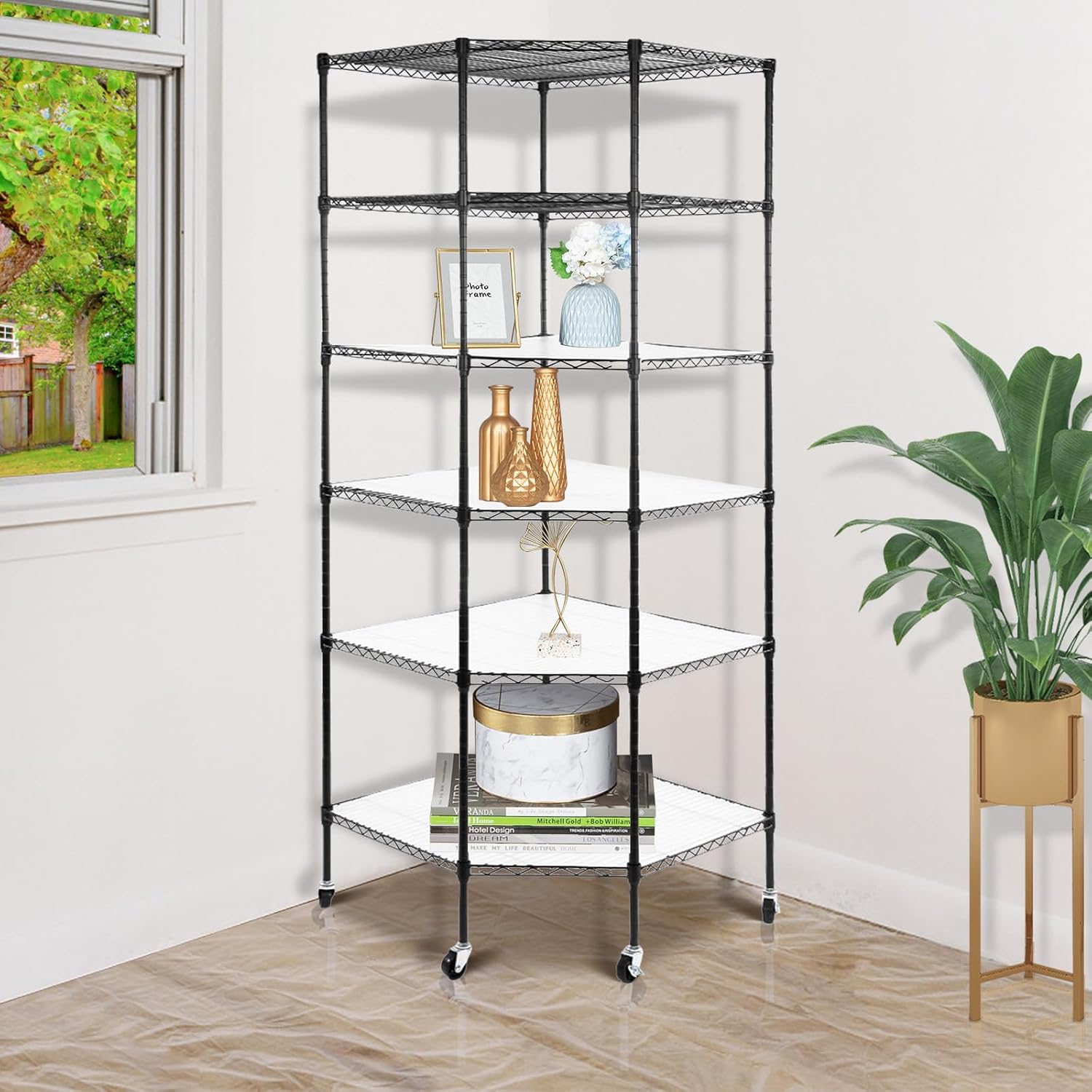 Bonnlo 6-Tier Rolling Heavy Duty Commercial Polygonal Corner Shelf Wire Shelving Unit Adjustable Storage Rack Free Standing Garage with 5 Wheels 26 4/5' L x 26 4/5' W x 71' H Inches (Black)