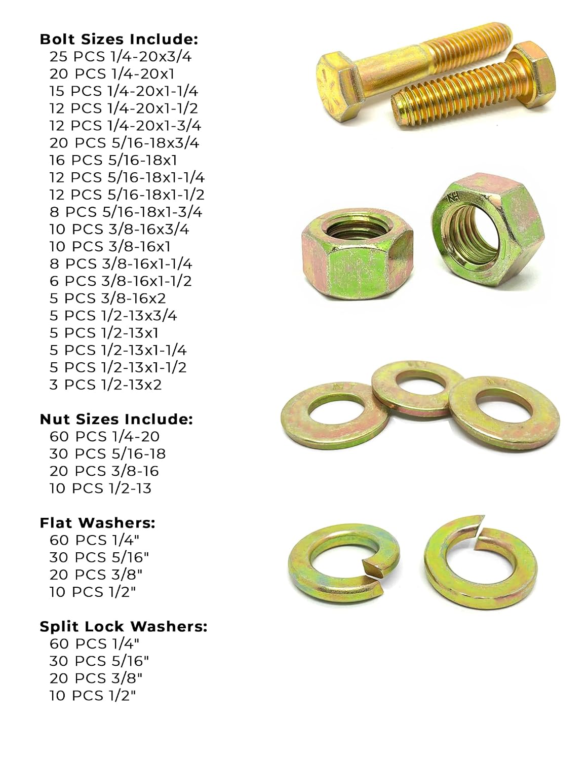 Inch Grade 8 Hex Cap Screws, Hex Nuts, Flat & Lock Washers - 574 PCS