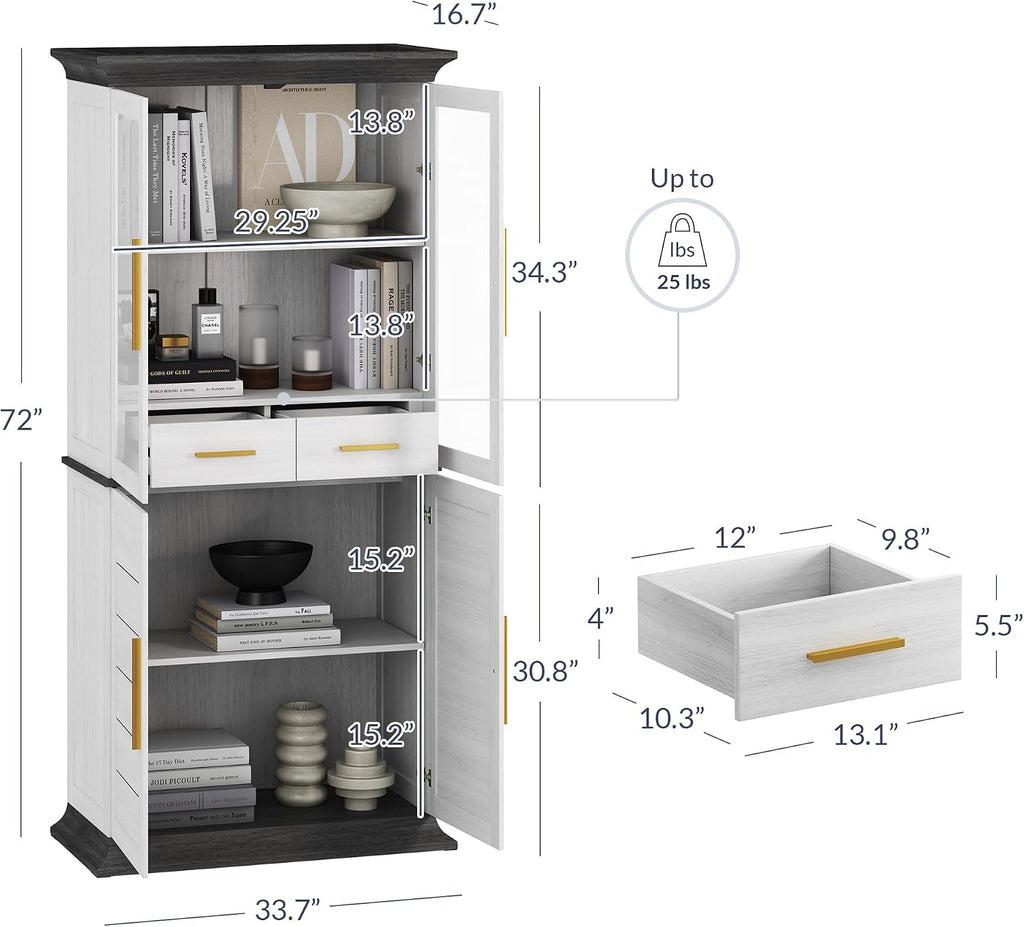 BELLEZE 72' High Storage Cabinet with Adjustable Shelves and Drawers, Freestanding Cabinet with Ample Storage Space for Kitchen, Dining & Living Room - White
