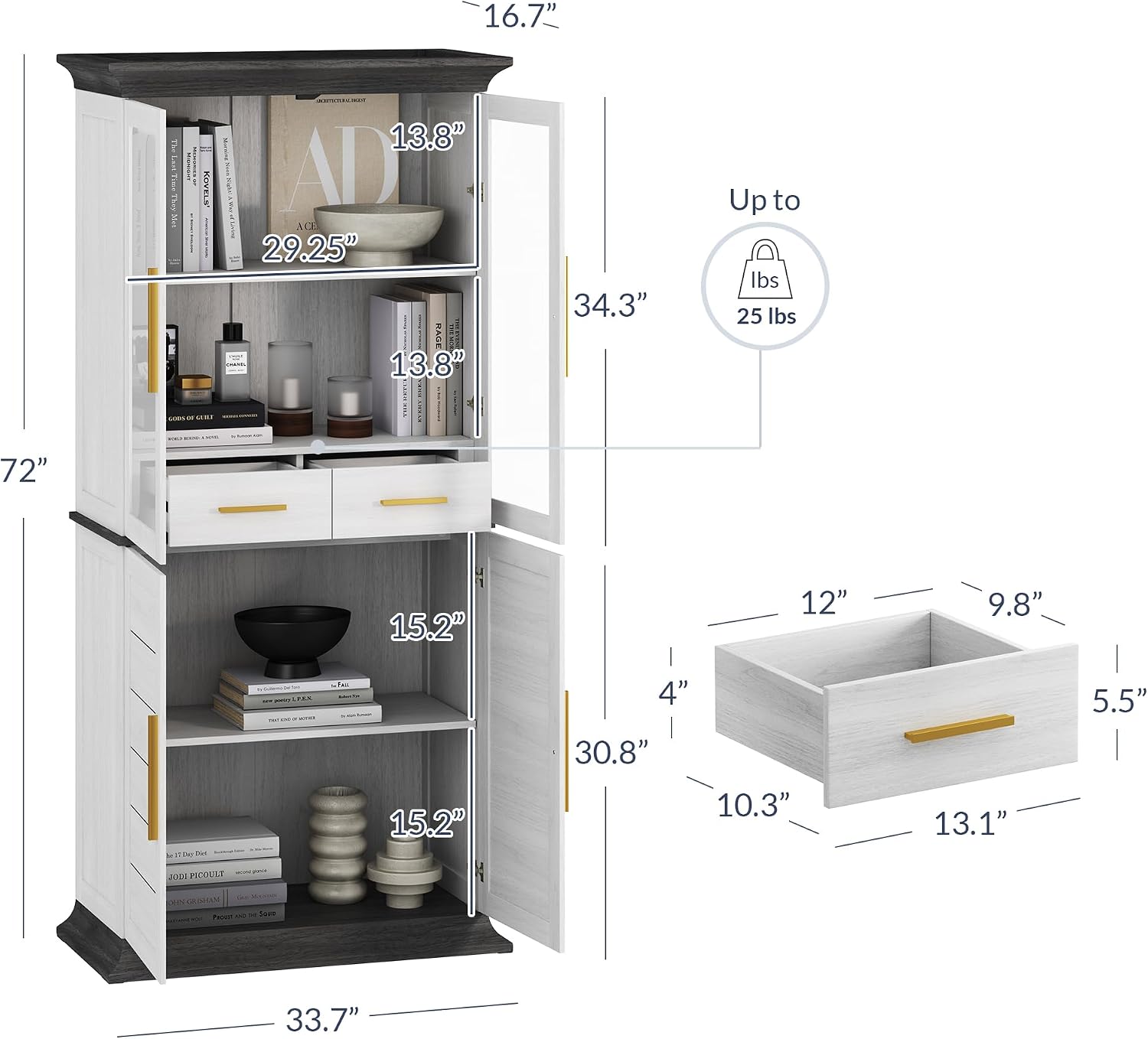 BELLEZE 72' High Storage Cabinet with Adjustable Shelves and Drawers, Freestanding Cabinet with Ample Storage Space for Kitchen, Dining & Living Room - White