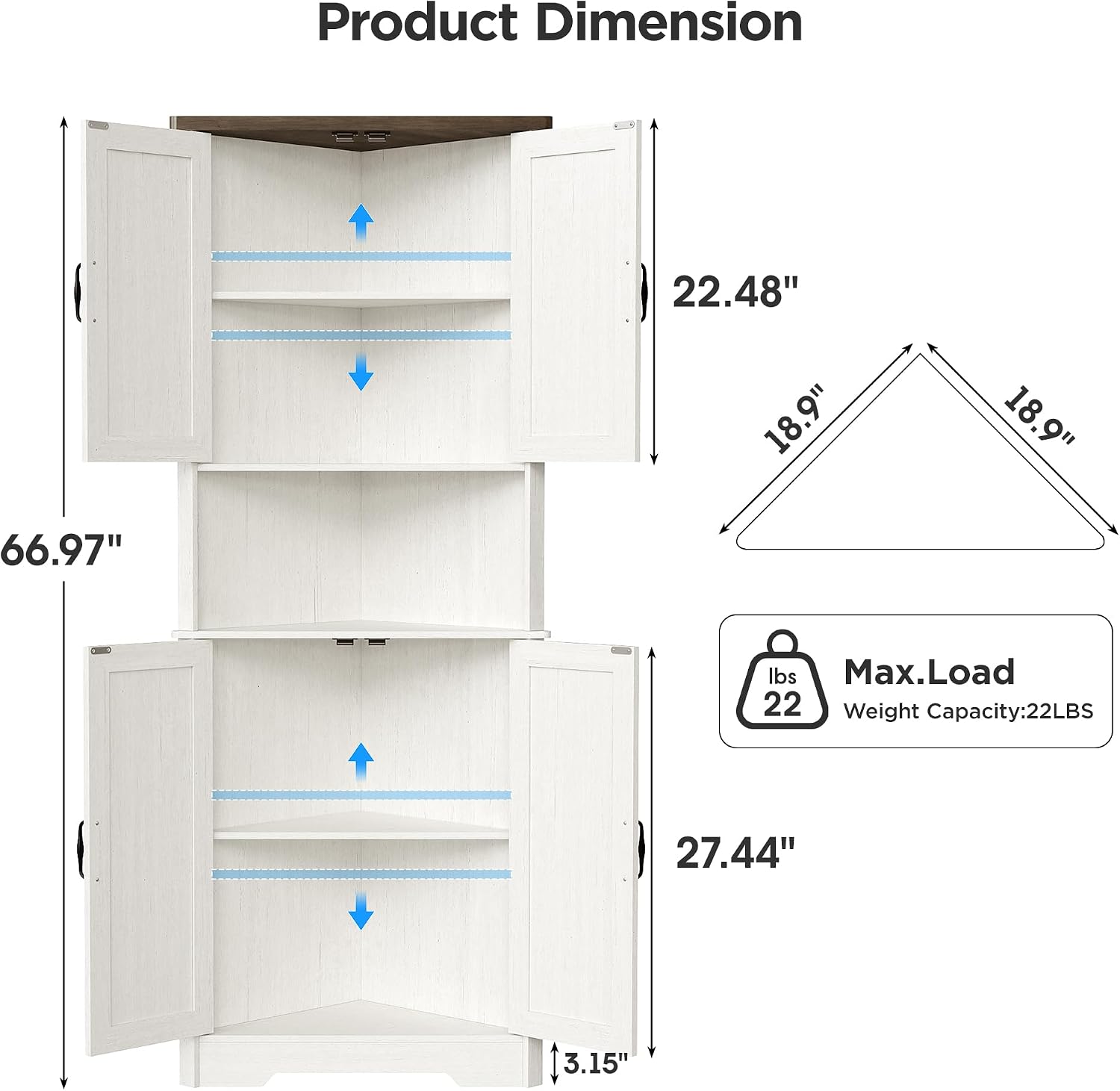 Vabches Tall Corner Cabinet, Corner Bathroom Cabinet, 67' Farmhouse Storage Cabinet with 4 Doors and Adjustable Shelves, Home Space Saver for Bathroom, Kitchen, Living Room, Pantry, Distressed White
