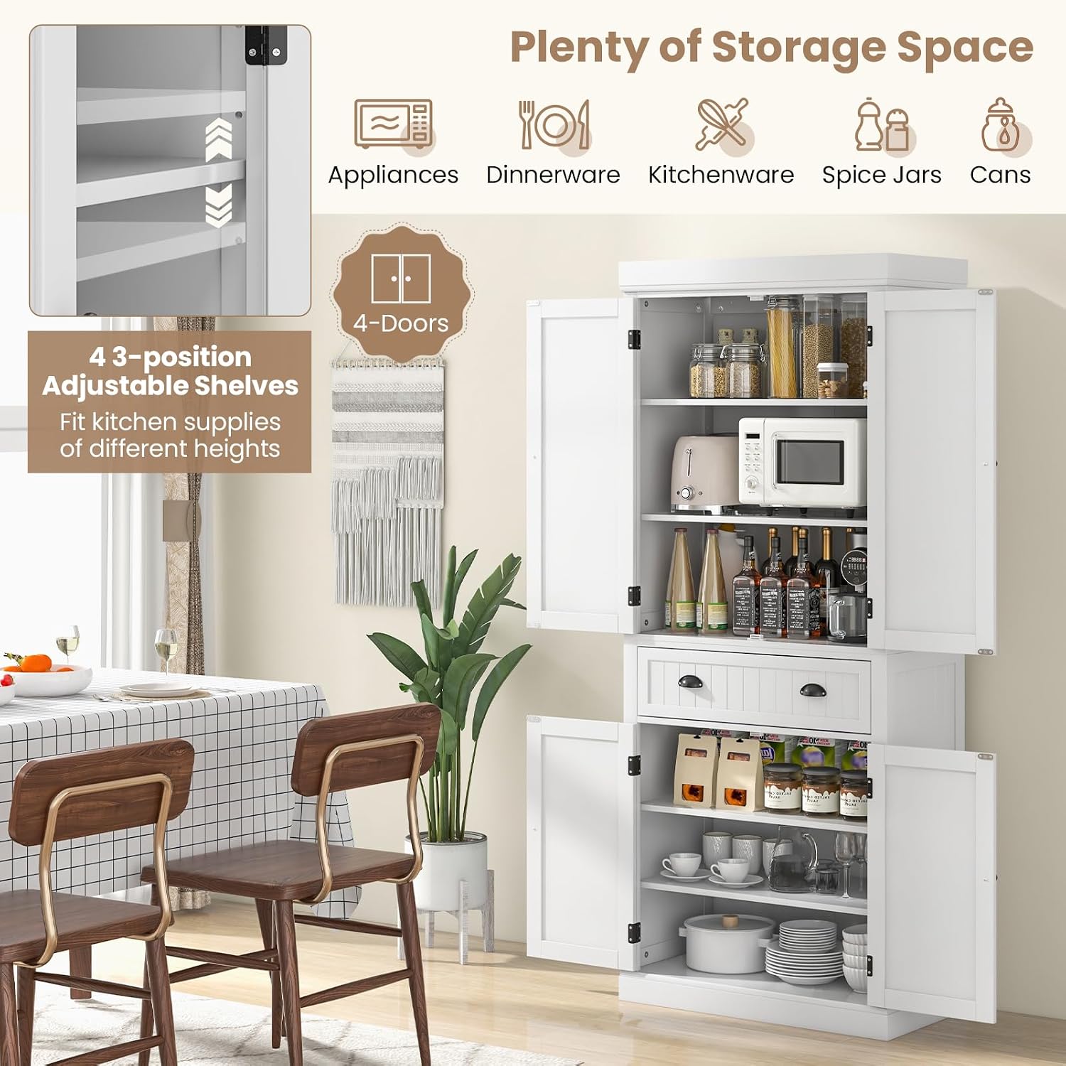 Tangkula 72' H Kitchen Pantry Cupboard Cabinet, Traditional Freestanding Large Tall Storage Cabinet with 2 Cabinets and Drawer, Adjustable Shelves, for Living Room Kitchen, 30 x 16 x 72 Inch