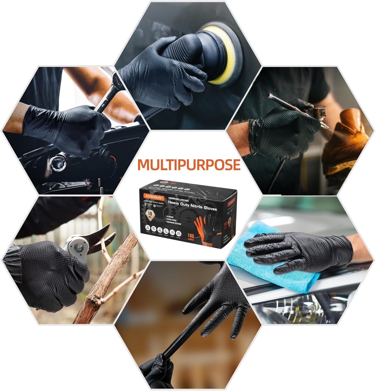 ANBOSON 10 Mil Nitrile Disposable Gloves Heavy Duty Mechanic Gloves Raised Diamond Texture Thick (Black of 1000, Medium)