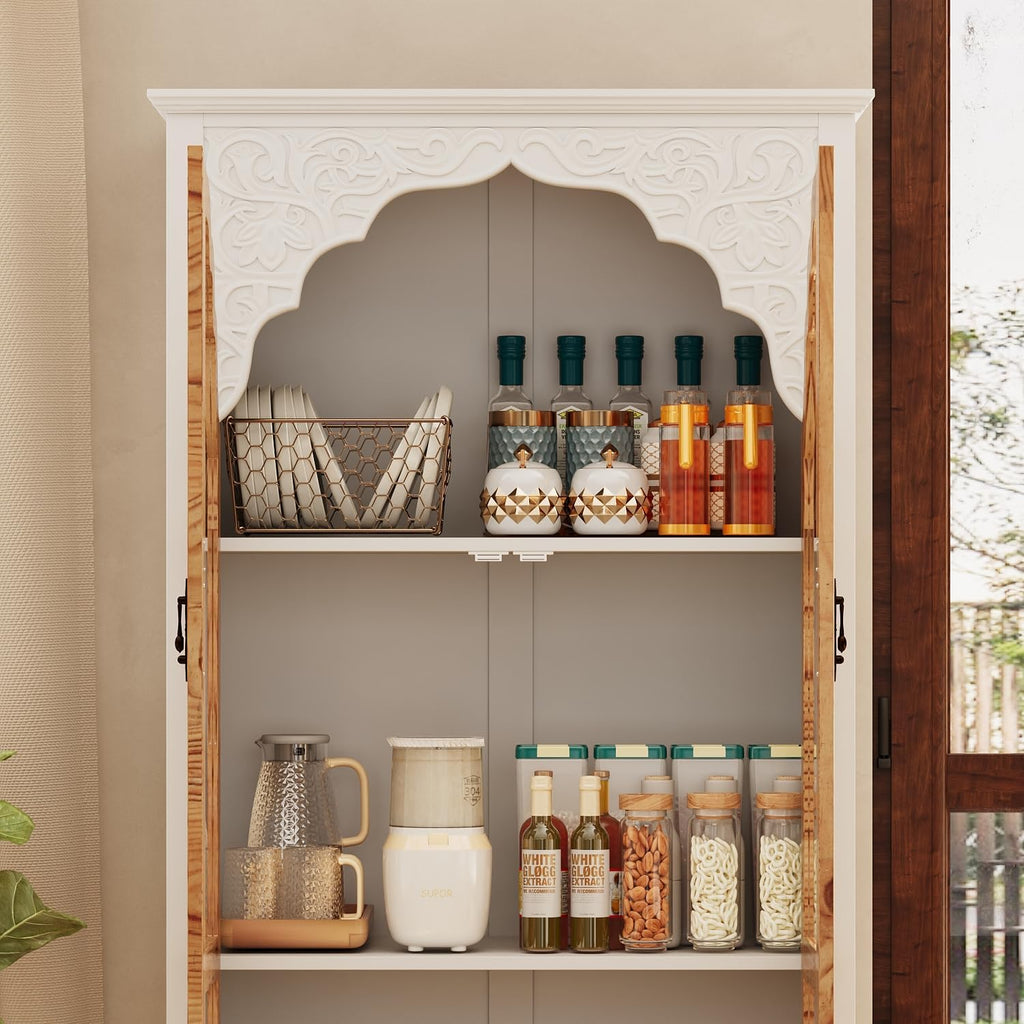 FUFU&GAGA 70.9' Tall Kitchen Pantry with Glass Doors & Drawer, Vintage Display Storage Cabinet with 3 Shelves, Buffet Cupboard for Kitchen, Living Room, Brown and White, 15.7'D x 31.5'W x 70.9'H