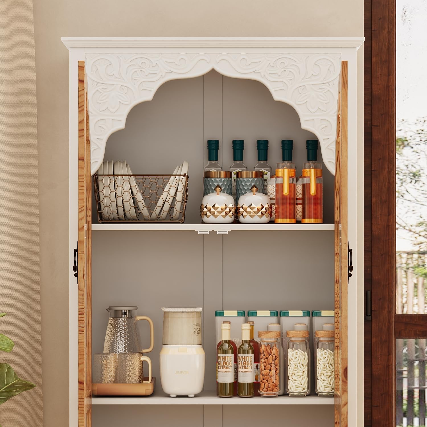 FUFU&GAGA 70.9' Tall Kitchen Pantry with Glass Doors & Drawer, Vintage Display Storage Cabinet with 3 Shelves, Buffet Cupboard for Kitchen, Living Room, Brown and White, 15.7'D x 31.5'W x 70.9'H