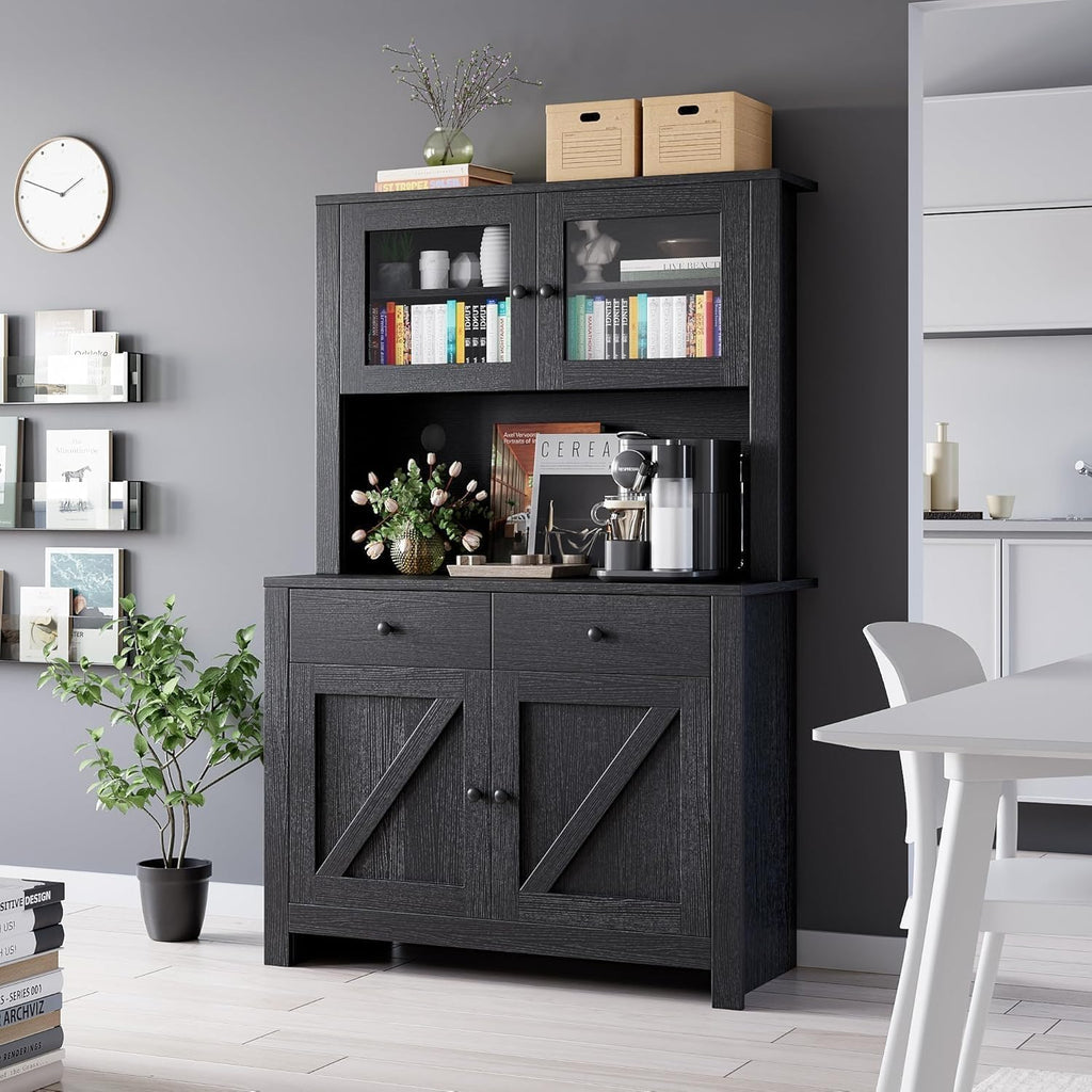 GarveeHome Kitchen Pantry Cabinet with Microwave Stand, Freestanding Hutch Cabinet with Buffet Cupboard, Tall Kitchen Cabinets with Adjustable Shelves for Dining Room, Black