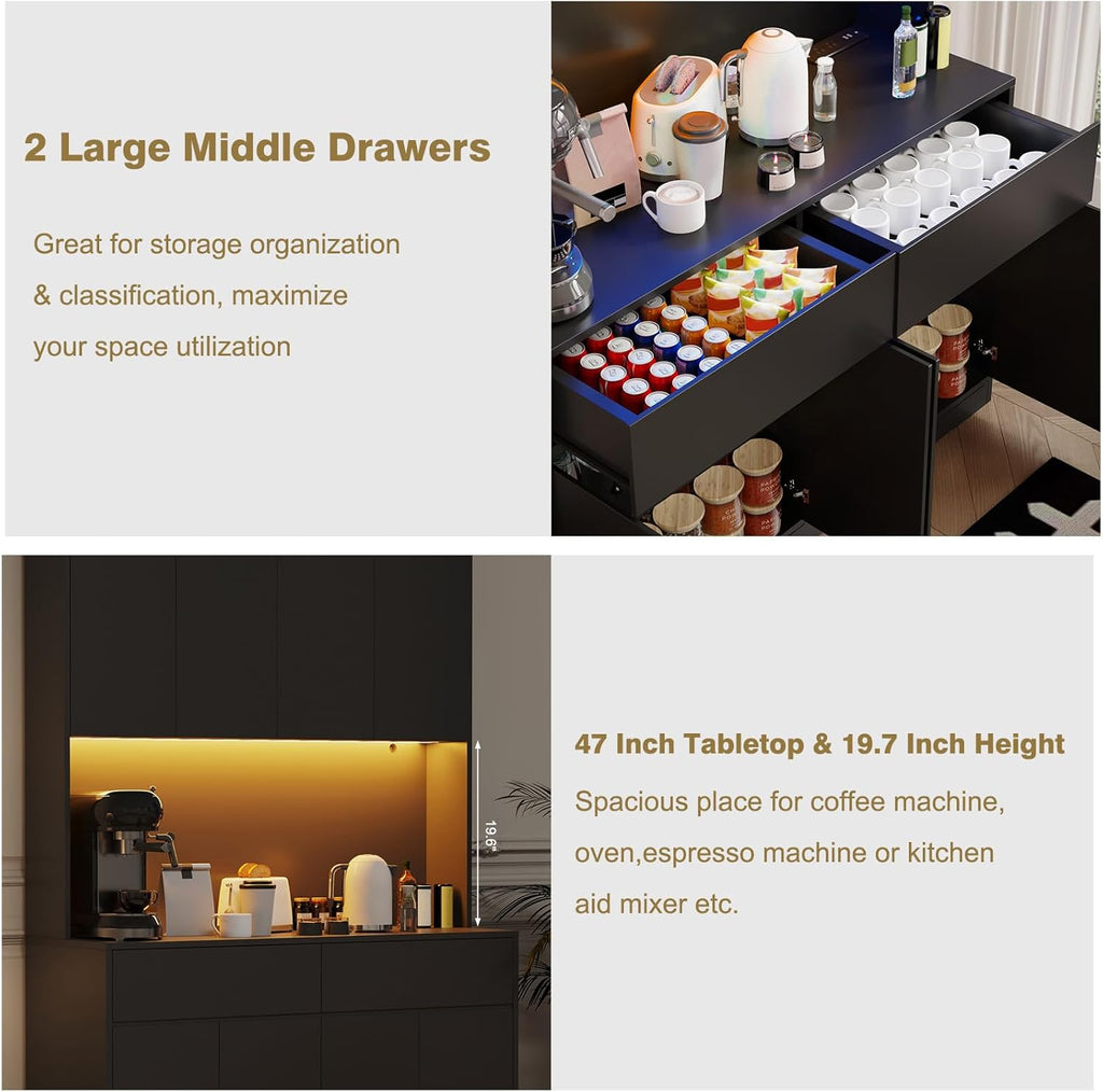 Hlivelood 71' Tall Pantry Cabinet, 47' Wide Kitchen Pantry Storage Cabinet with LED Light & Outlet, Kitchen Hutch with Microwave Shelf, Door Shelves & Drawer & Adjustable Shelves, for Dining Room