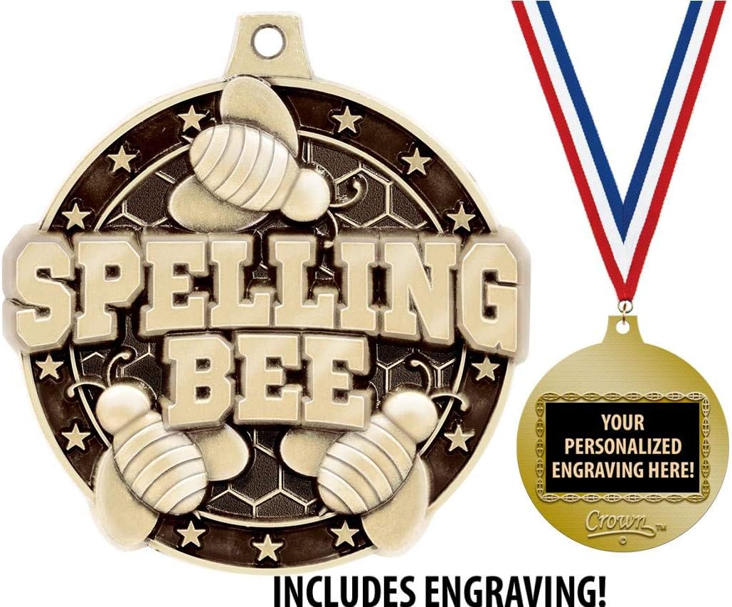 Crown Awards Spelling Medals, 2' Gold Spelling Bee Medal Award with Free Custom Engraving