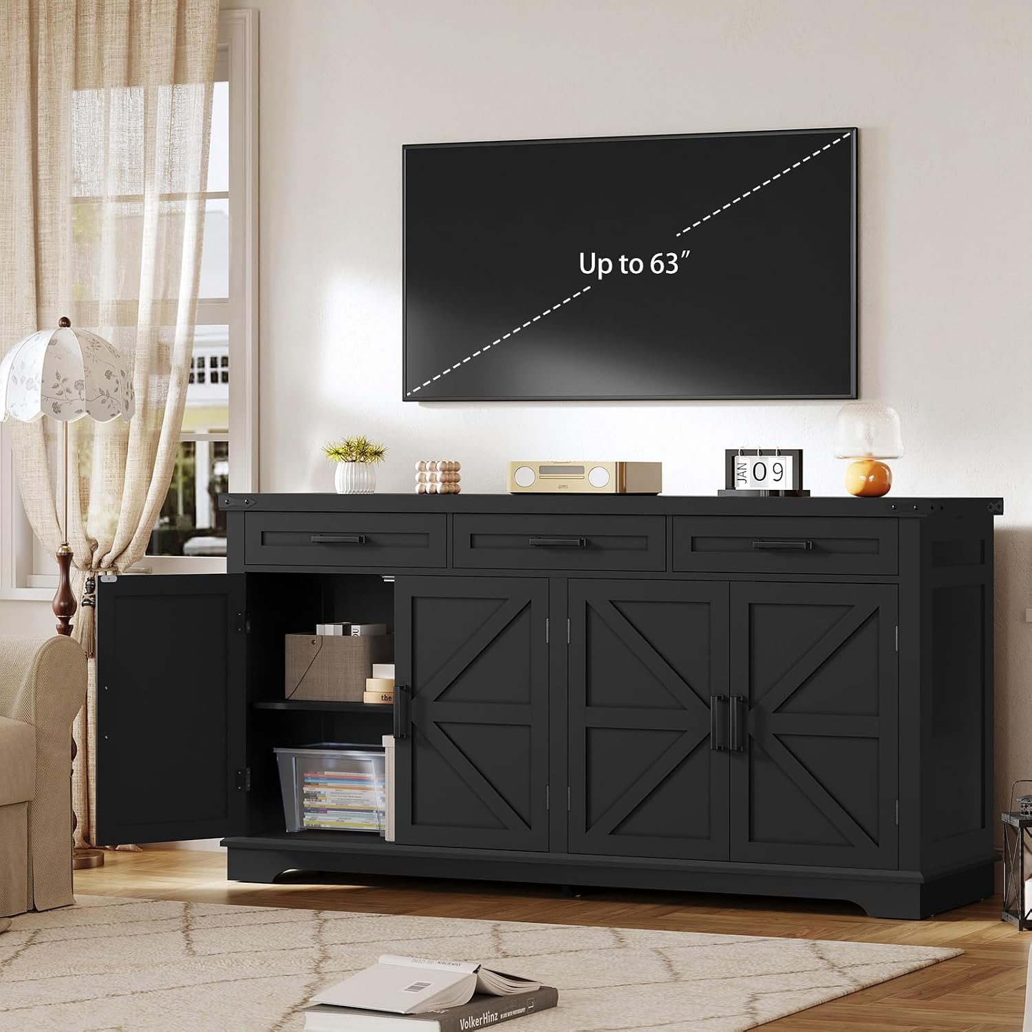 usikey Buffet Cabinet, 61' Large Sideboard Buffet Storage Cabinet with 3 Drawers, Farmhouse Coffee Bar with 4 Doors, for Kitchen, Living Room, Black
