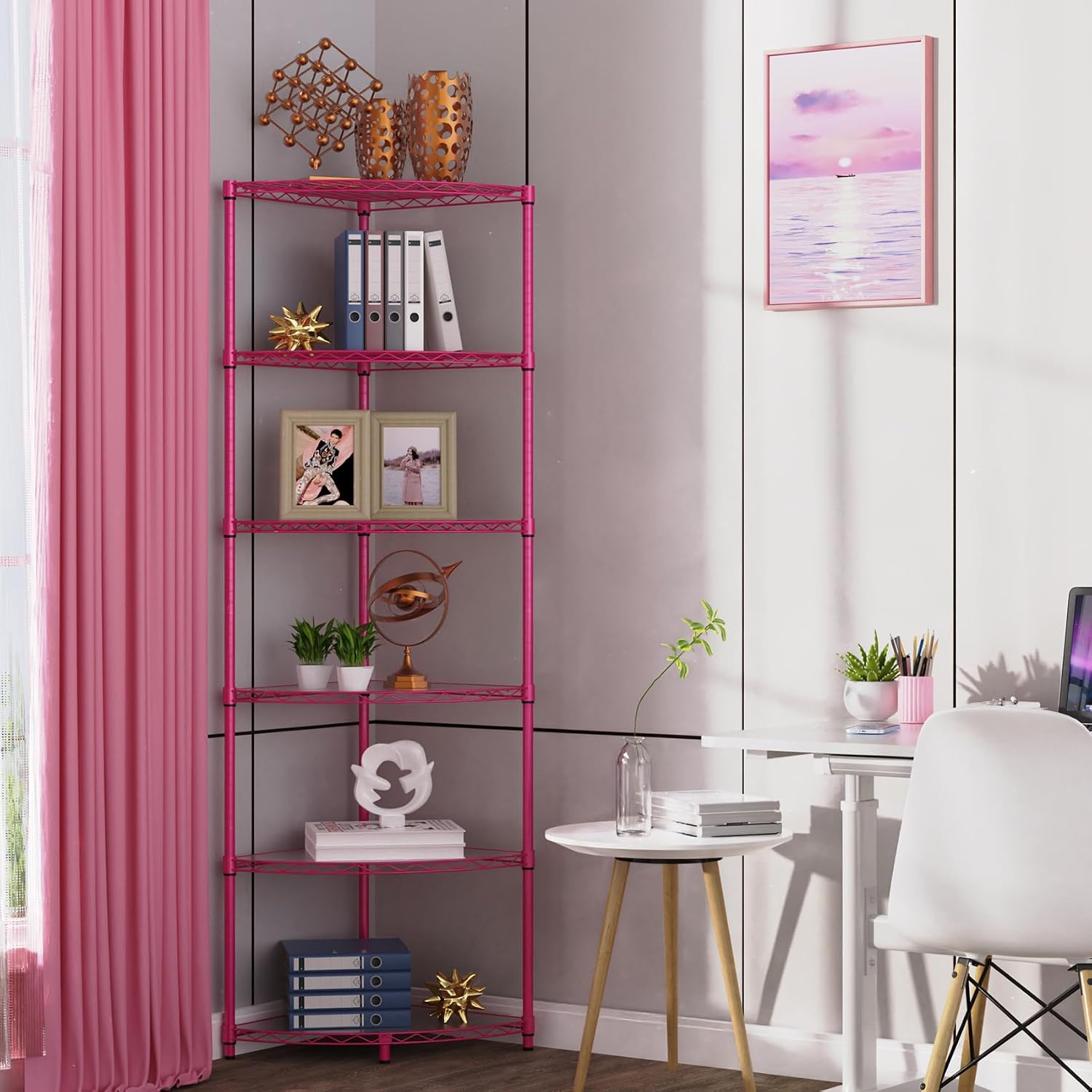 6 Tier NSF Corner Wire Shelf Shelving Unit, 18 x 18 x 72 Inch 420lbs Capacity Heavy Duty Adjustable Metal Storage Rack with Leveling Feet & Shelf Liners for Office Kitchen Bathroom and More - Pink
