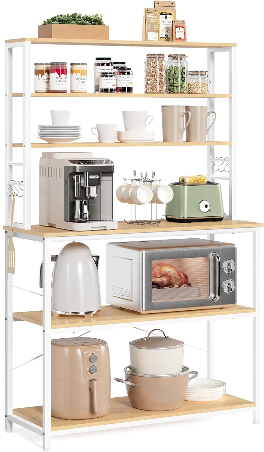 VASAGLE Coffee Bar, 39.4 Inches Baker's Rack for Kitchen with Storage, 6-Tier Kitchen Shelves with 6 Hooks, Microwave Stand, Modern, Golden Oak and Cloud White UKKS039Y09