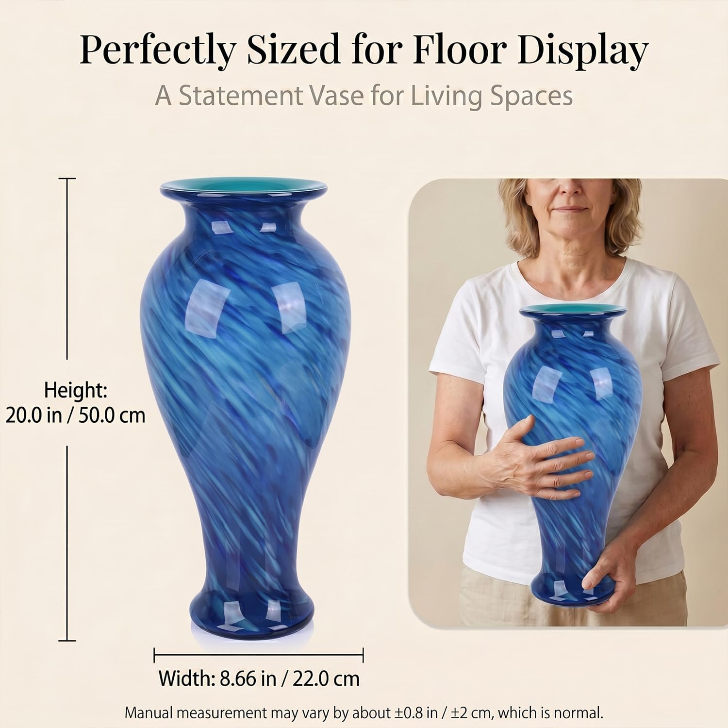 20' Tall Blue Glass Vase Hand Blown Large Floor Glass Vase Home Decor, Pretty Modern Dark Blue Flowers Vases, Jarrones Grandes para Sala Elegantes, Large Vases for Living Room Wedding Decor