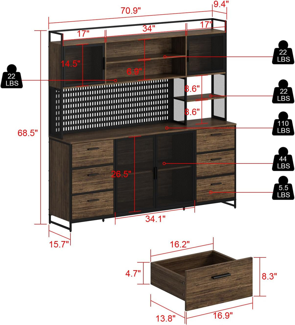 ECACAD 70.9' L Sideboard Buffet Storage Cabinet with Hutch, Pegboard, 4 Metal Mesh Doors, 6 Drawers & Shelves, Kitchen Pantry Cupboard for Living Room, Dining Room, Black & Rustic Brown