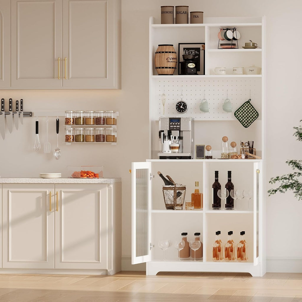 GarveeHome 71 in Pantry Storage Cabinet with Doors, Kitchen Storage Cabinets with DIY Pegboard & Adjustable Shelves, Hutch Cabinet for Kitchen Dining Room Living Room(31.5 in x15.5 in x71 in), White