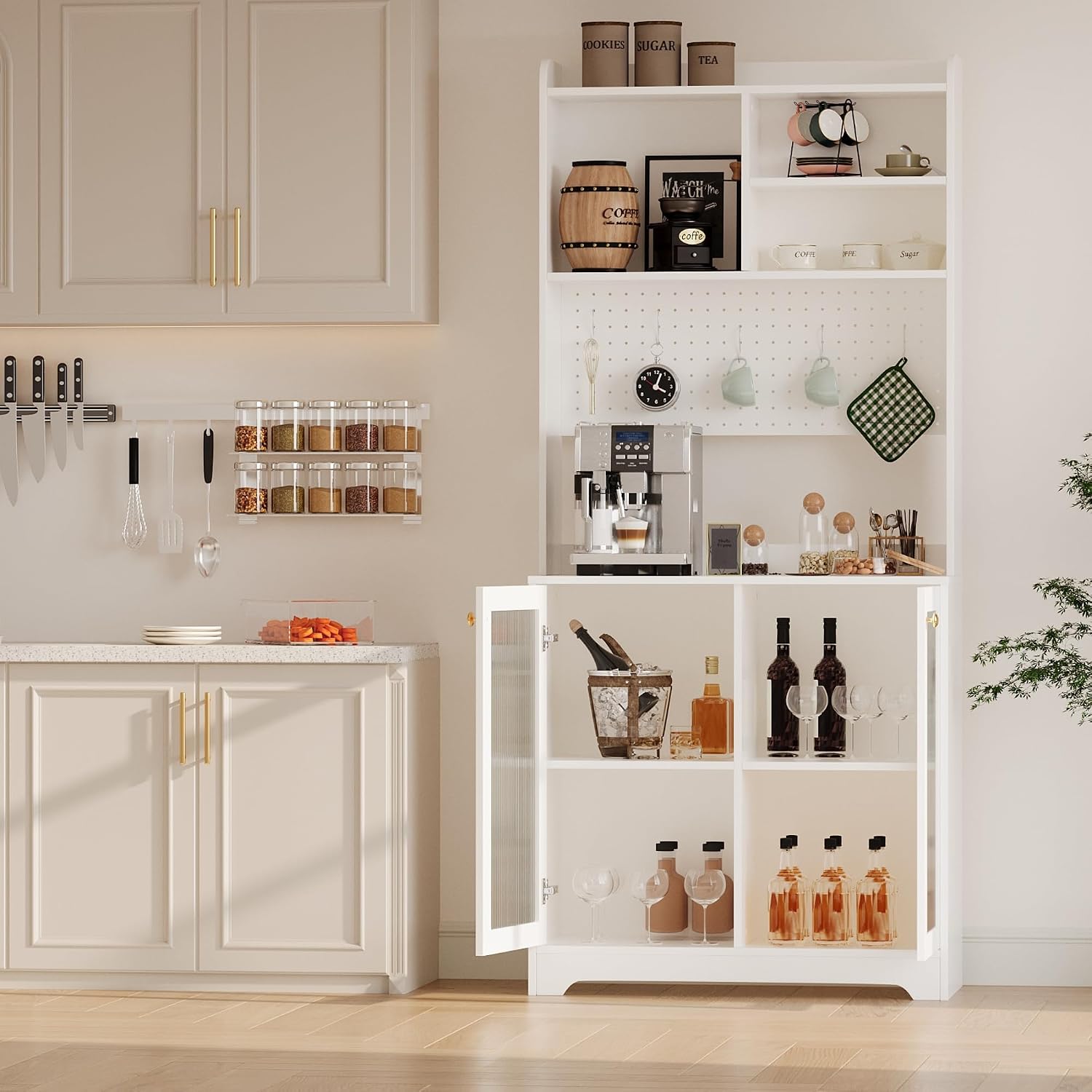 GarveeHome 71 in Pantry Storage Cabinet with Doors, Kitchen Storage Cabinets with DIY Pegboard & Adjustable Shelves, Hutch Cabinet for Kitchen Dining Room Living Room(31.5 in x15.5 in x71 in), White