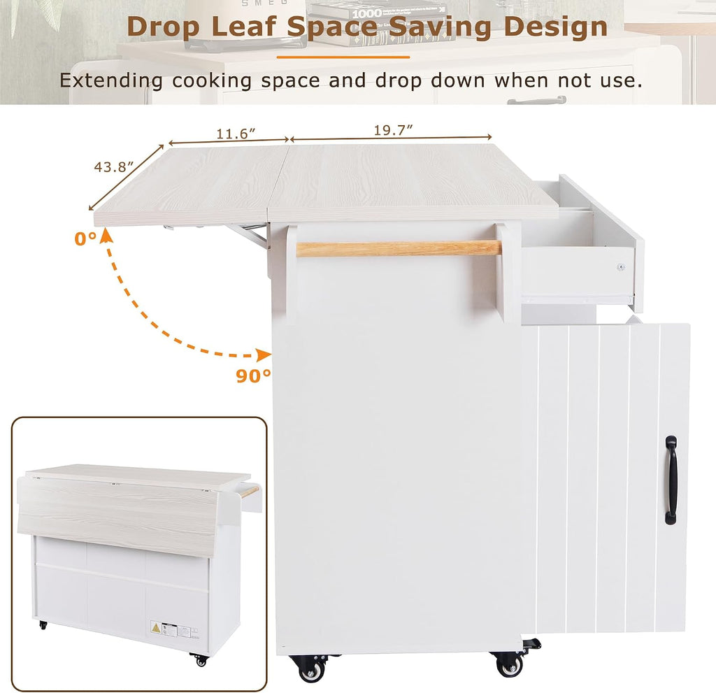 Rolling Kitchen Island Carton Wheels with Trash Can Storage Cabinet, Drop Leaf, Spice Rack, Towel Rack, Drawer, Adjustable Shelf for Dining Room Kitchens White
