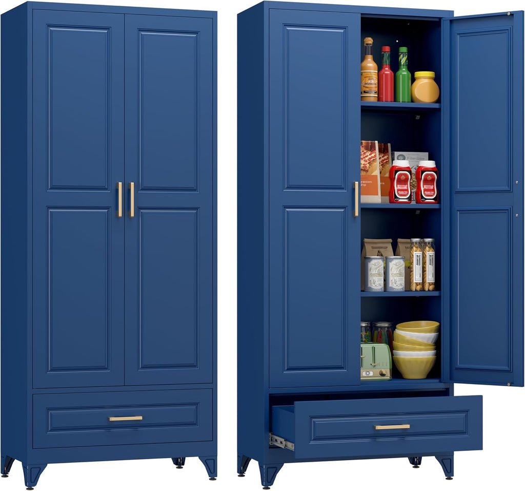 Polup Metal Storage Cabinet,75' Tall Kitchen Pantry Storage Cabinet with Doors and Adjustable Shelves, Blue Metal Pantry Cabinets with Drawer, Large Cupboard for Kitchen, Dining Living Room