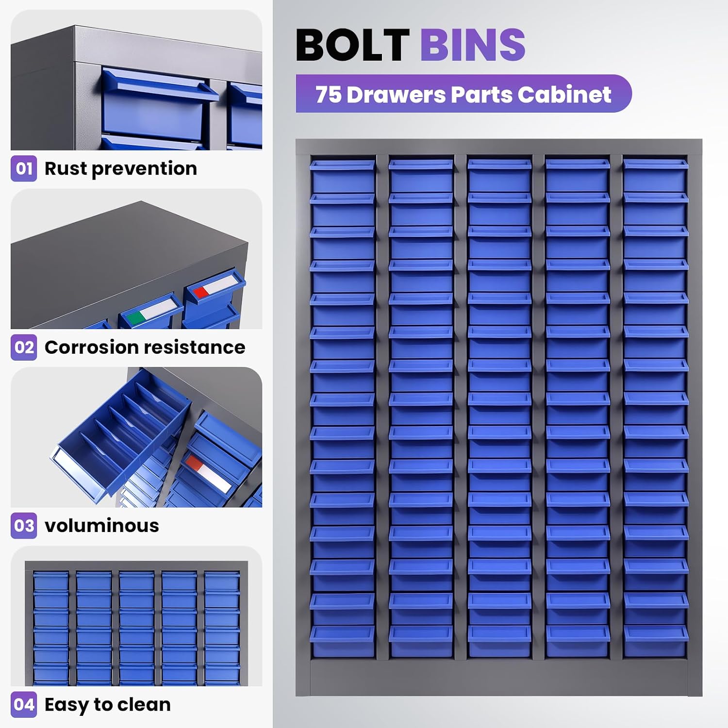 75 Drawers Stainless Steel Nut and Bolt Organizer, Parts Cabinet with Adjustable Shelves and Label Stickers, Bolt Organizer for Nuts Bolts Parts Screws Small Items