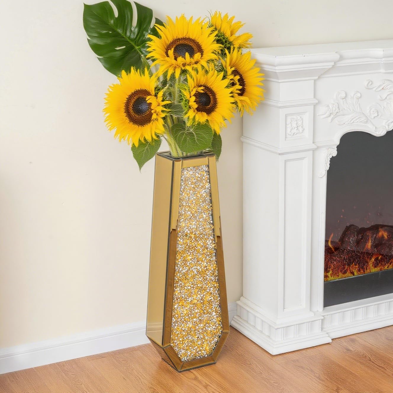 SHYFOY 30' Tall Floor Vase Gold Crushed Diamond Tall Vases for Decor Living Room Floor Large Crystal Glass Decorative Floor Vase for Living Room Office Home Decor