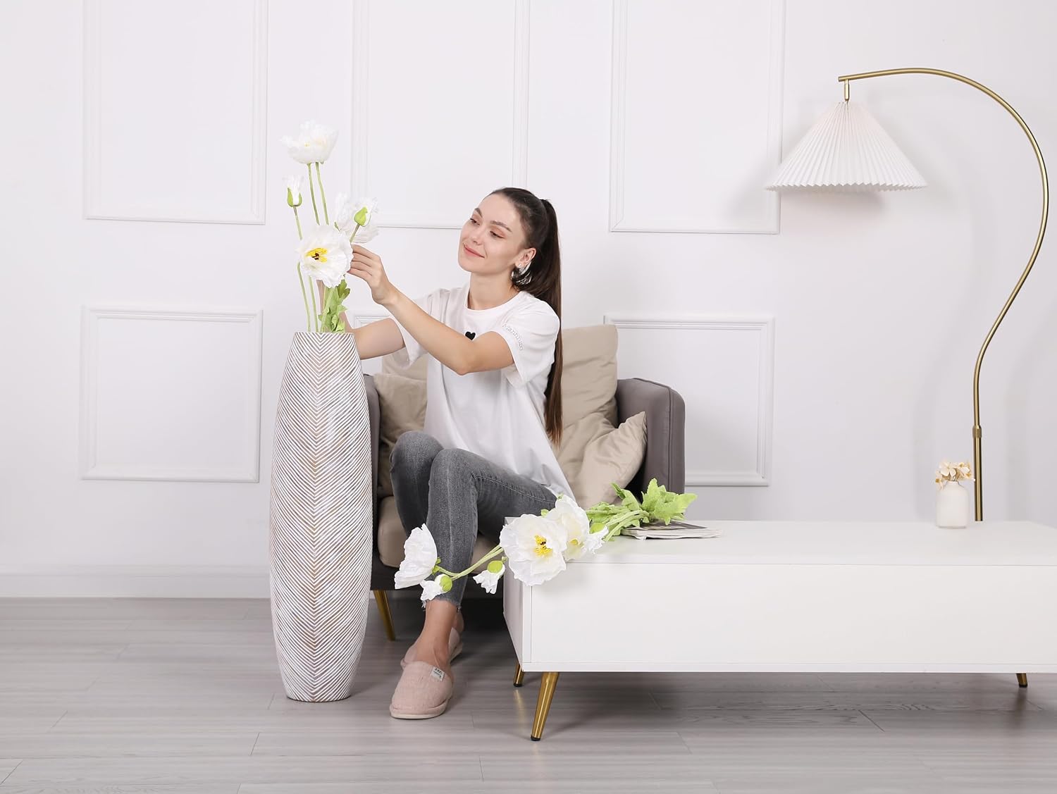 Leewadee Decorative Tall Floor Vase for Living Room Decor, 34 inches, White Wash, Resin