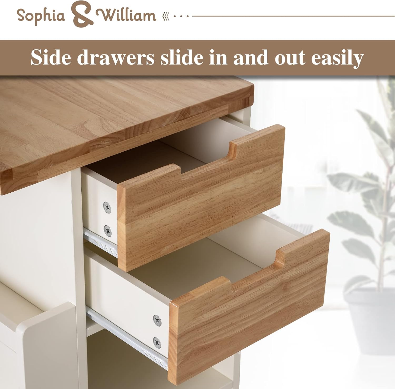 Sophia & William Kitchen Island Cart on Wheels, Rolling Kitchen Trolley with Rubber Wood Tabletop, Storage Drawers, Cabinet and Open Shelves