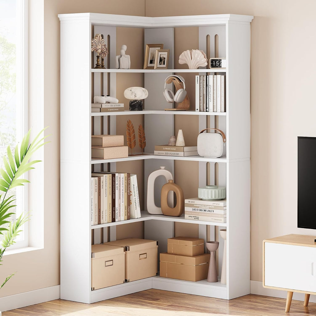 IDEALHOUSE Corner Bookshelf 72.8in Farmhouse Bookcase Large Bookshelves Wood Bookcase Tall 5 Tier Corner Shelf L Shaped Bookshelf Storage Display Rack Living Room Bedroom (White, Half Panel)