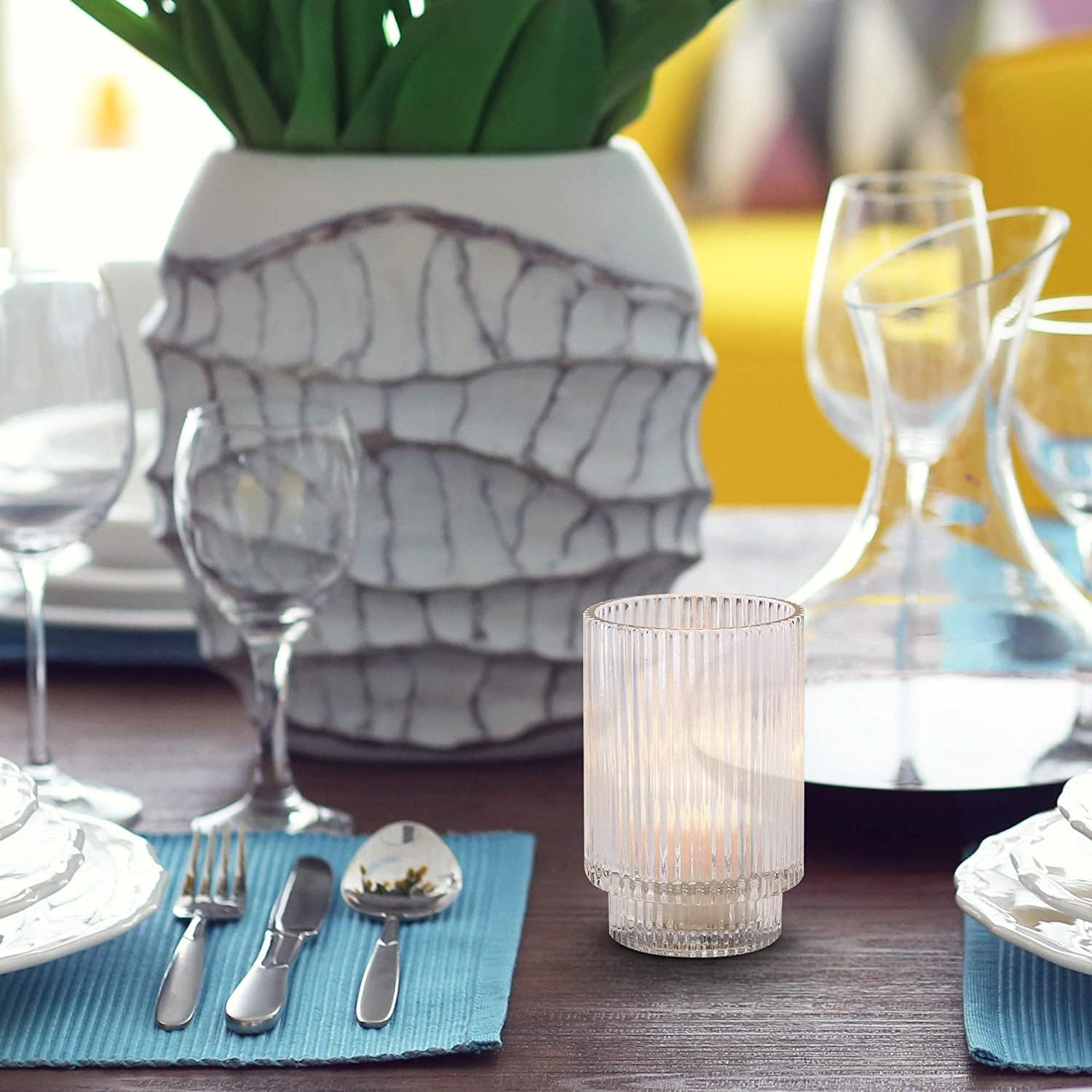 Serene Spaces Living Clear Ribbed Glass Votive Holder, Decorative Centerpiece for Wedding, Christmas, Thanksgiving, Dining Table, Living Room, Home Décor, 3.5' Diameter & 5' Tall, Pack of 24