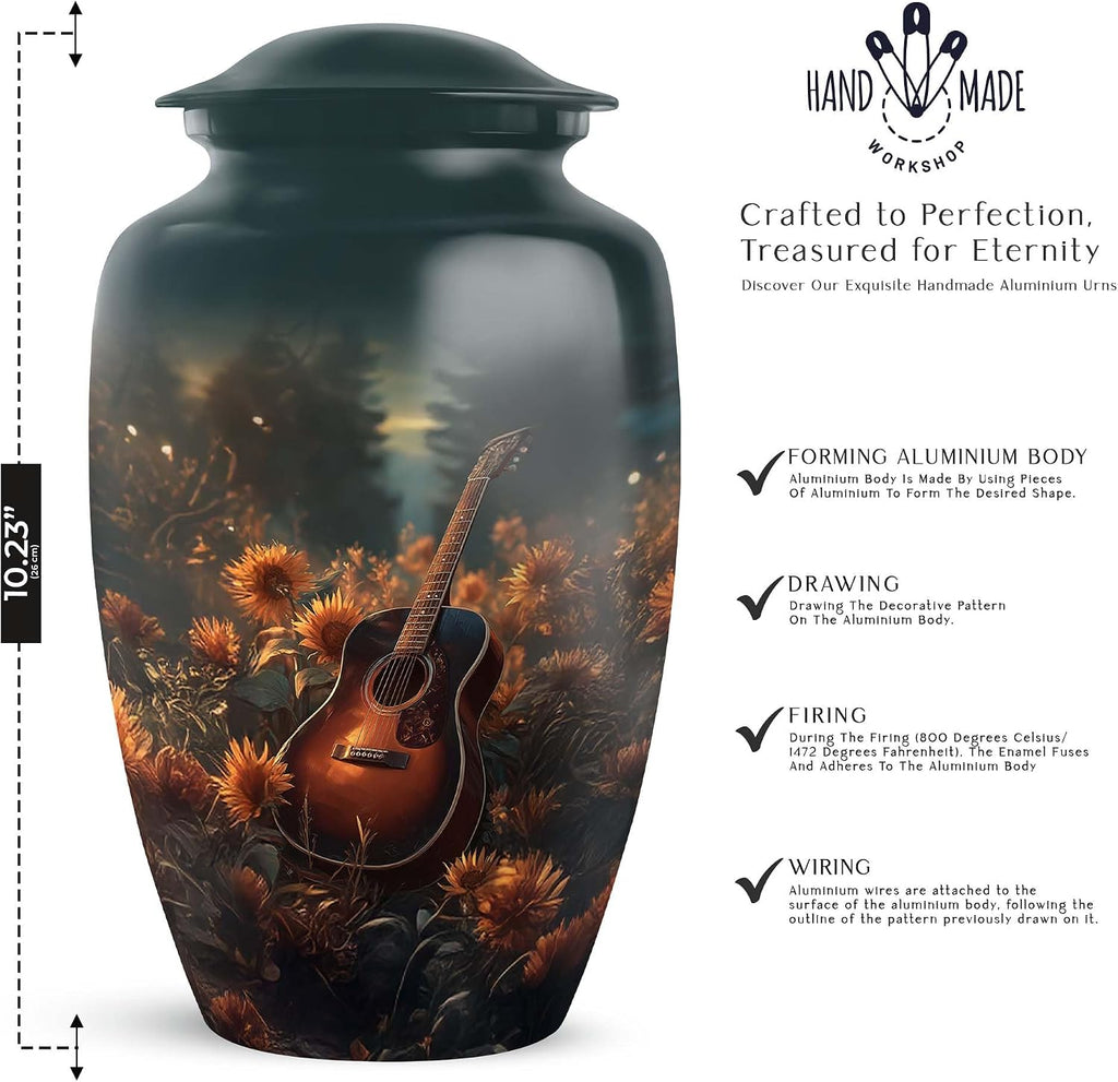 Guitar Small Urns for Human Ashes Adult Female - Green Urn for Ashes Male 3 Inch with 10 Inch Set - Funeral Cremation Urns for Daughter and Son - Adult Urn Mother and Father, 1 Large & 1 Mini