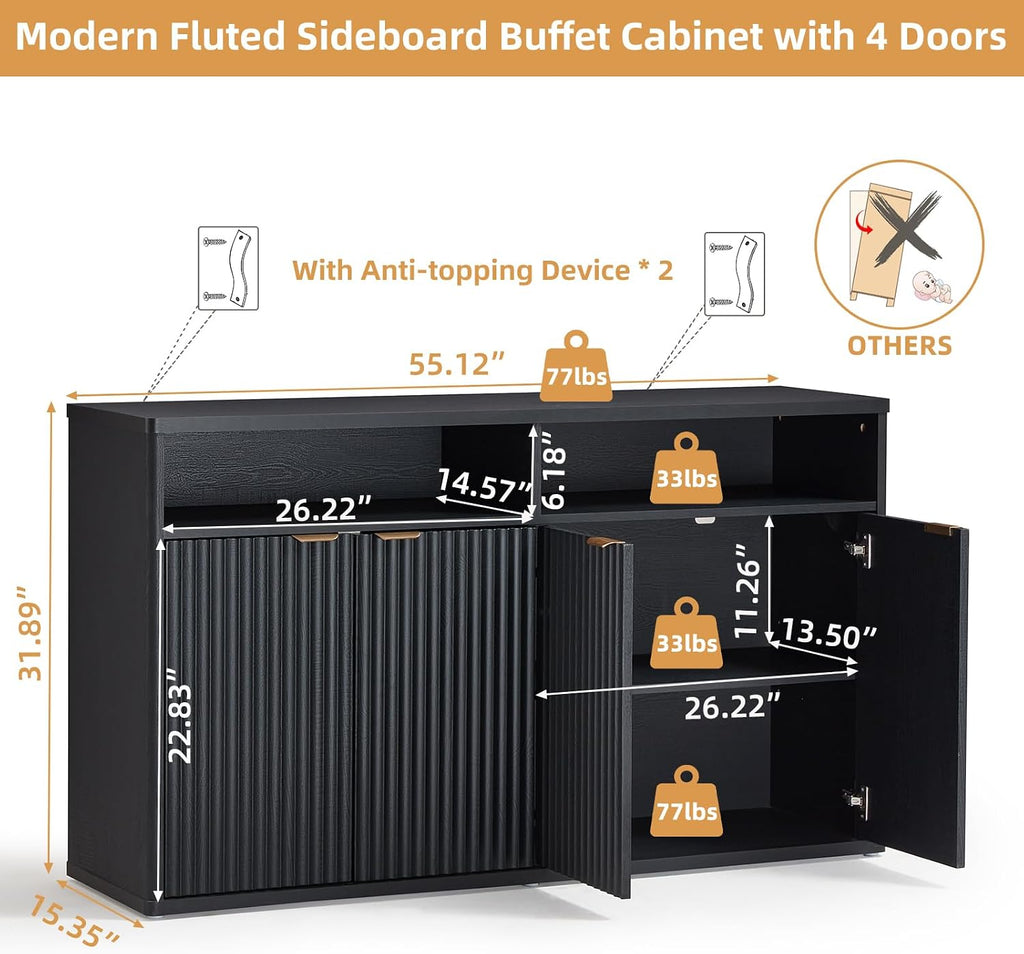 LEYAOYAO Fluted Buffet Cabinet with Storage, 55' Wide Wood Sideboard Credenza with 4 Doors & Open Storage Shelf, Modern Kitchen Console Accent Cabinets, Coffee Bar Table for Dining Room, Black Oak
