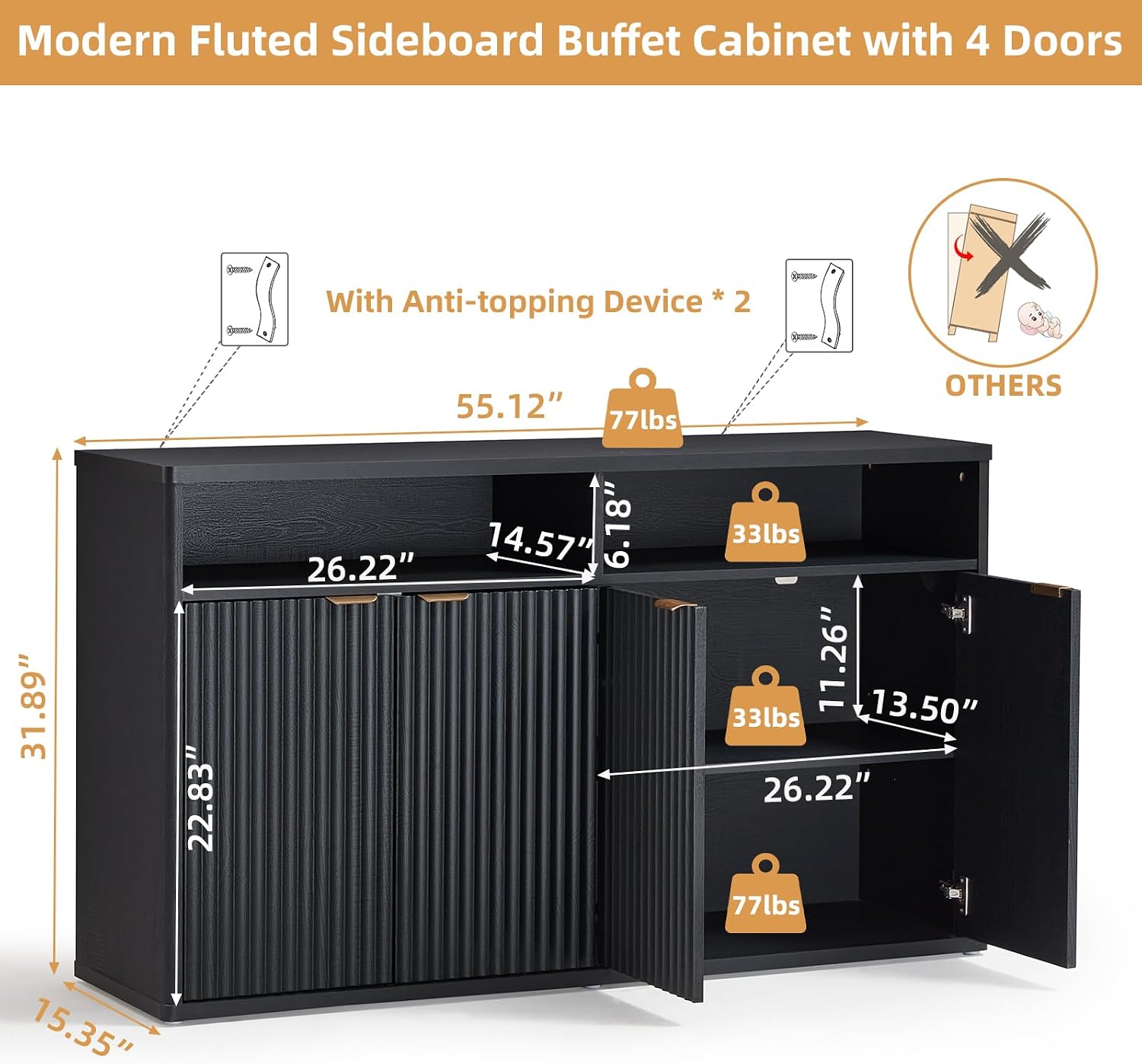 LEYAOYAO Fluted Buffet Cabinet with Storage, 55' Wide Wood Sideboard Credenza with 4 Doors & Open Storage Shelf, Modern Kitchen Console Accent Cabinets, Coffee Bar Table for Dining Room, Black Oak
