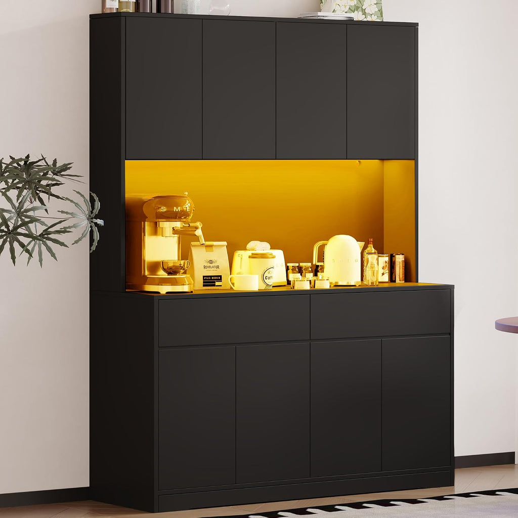 Hlivelood 71' Tall Pantry Cabinet, 47' Wide Kitchen Pantry Storage Cabinet with LED Light & Outlet, Kitchen Hutch with Microwave Shelf, Door Shelves & Drawer & Adjustable Shelves, for Dining Room
