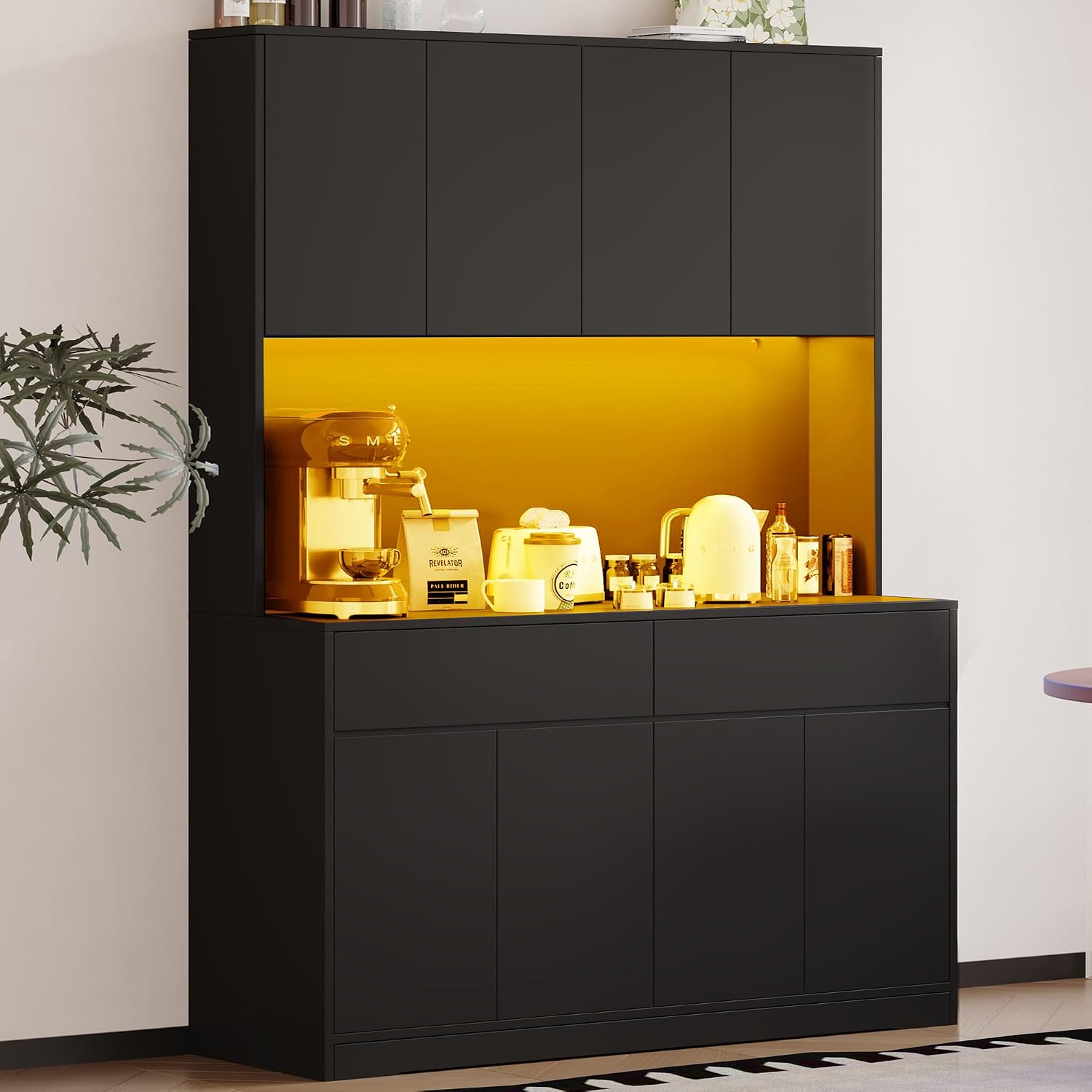 Hlivelood 71' Tall Pantry Cabinet, 47' Wide Kitchen Pantry Storage Cabinet with LED Light & Outlet, Kitchen Hutch with Microwave Shelf, Door Shelves & Drawer & Adjustable Shelves, for Dining Room