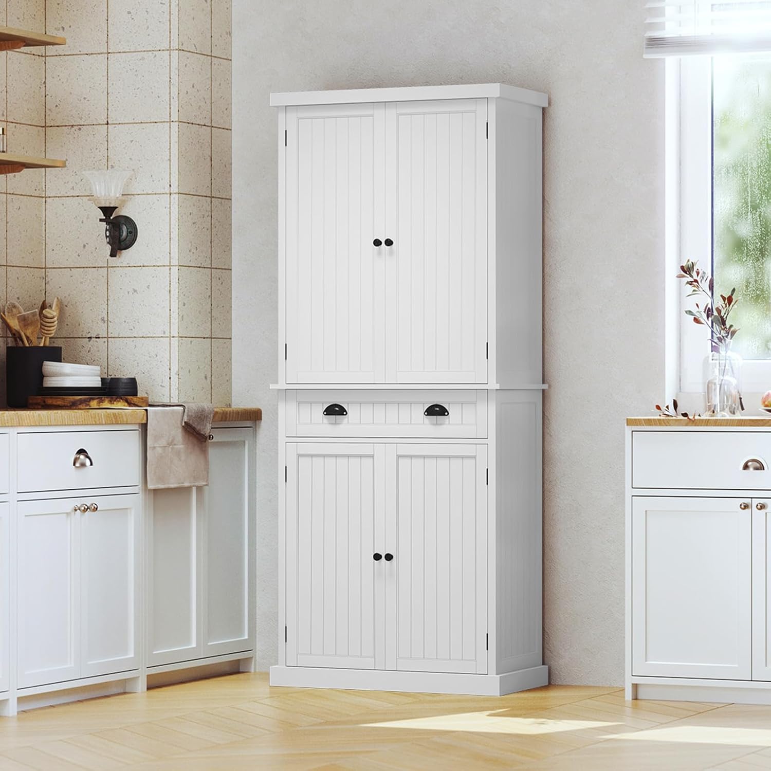 ARTPOWER 72' Pantry Storage Cabinet with Drawer, Freestanding Tall Cupboard Storage Cabinet, Utility Pantry with Door Shelves and 2 Adjustable Shelves for Kitchen, Dining Room,Living Room, White