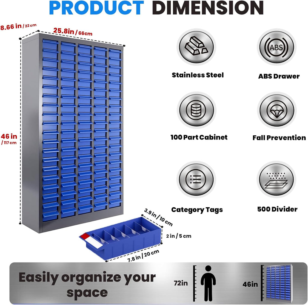 100 Drawers Parts Storage Cabinet, 46' H x 26' D x 9' W Nut and Bolt Organizer, ABS Drawers, Labels, Removable Dividers, Bolt Bin Storage Cabinet for Garage Auto Shop Hardware Small Parts Storage