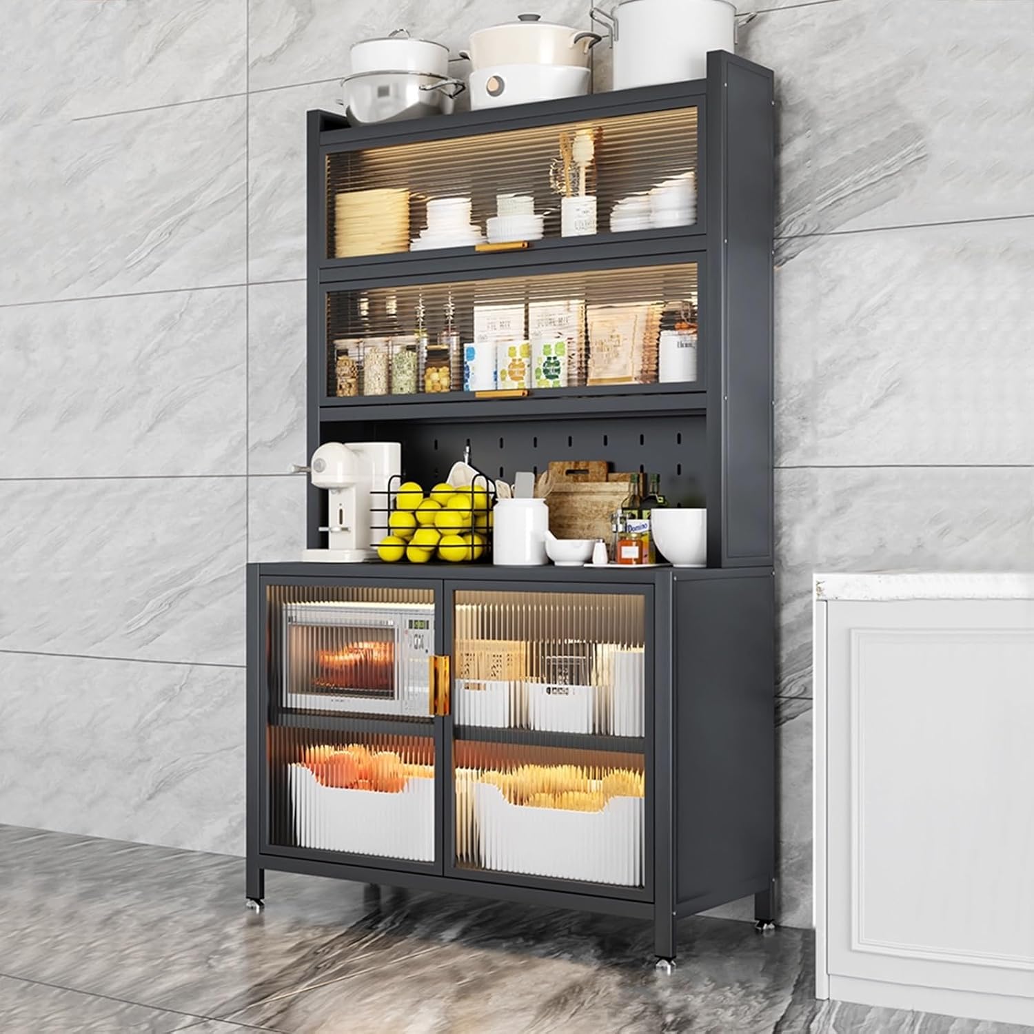 Kitchen Floor Cupboard Tall Storage Cabinet with Flip Doors Adjustable Shelves Kitchen Storage Sideboard with Countertop Free Standing，6-Tier Black Bakers Rack with Storage Cabinet & Hooks -