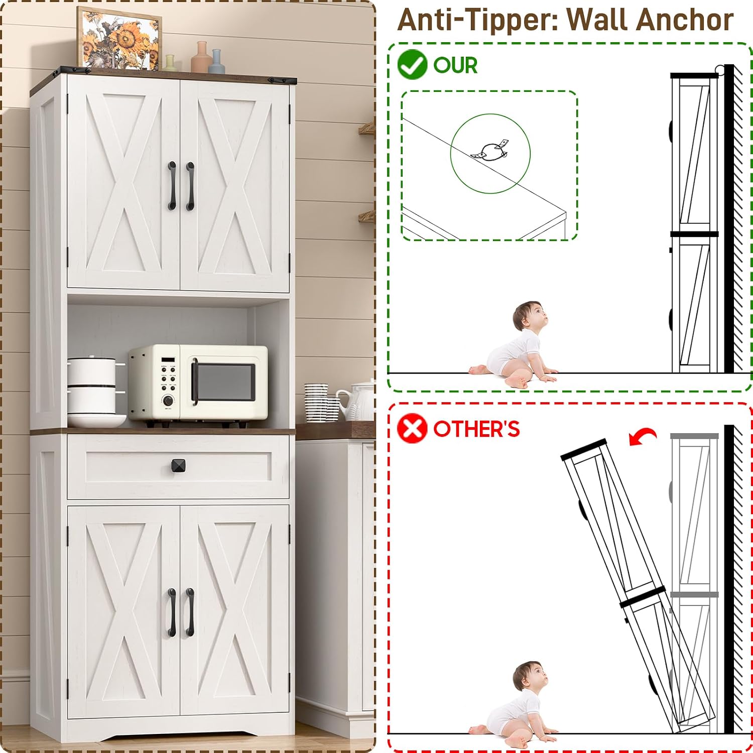 Halitaa Tall Kitchen Pantry Storage Cabinet, Farmhouse Storage with Organizer, Large Capacity Bathroom Cabinet with Drawer,Freestanding Cupboard for Kitchen, Dining Room, White